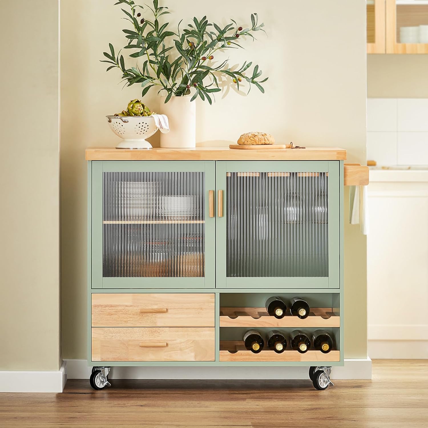 SoBuy FSB81-GR Kitchen Sideboard for Microwave Buffet for Dining Room Entrance Living Room with 2 Doors 2 Drawers and 1 Open Compartment Green 120 x 40 x 90 cm ES
