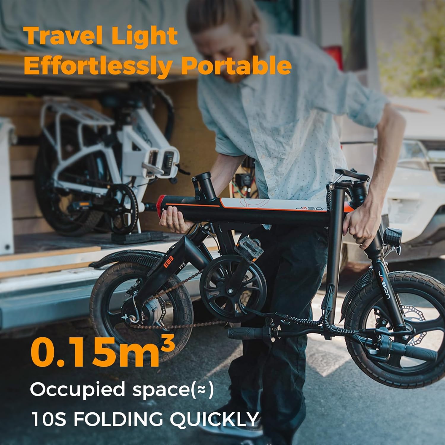 Jasion EB3 Bicicleta Eléctrica para Adultos – 21 mph, Motor Pico de 500W, Batería de 270Wh, Suspensión Trasera, 3 Niveles de Asistencia, Ebike Plegable de 14″ para Adultos y Adolescentes – Cumple con UL2849