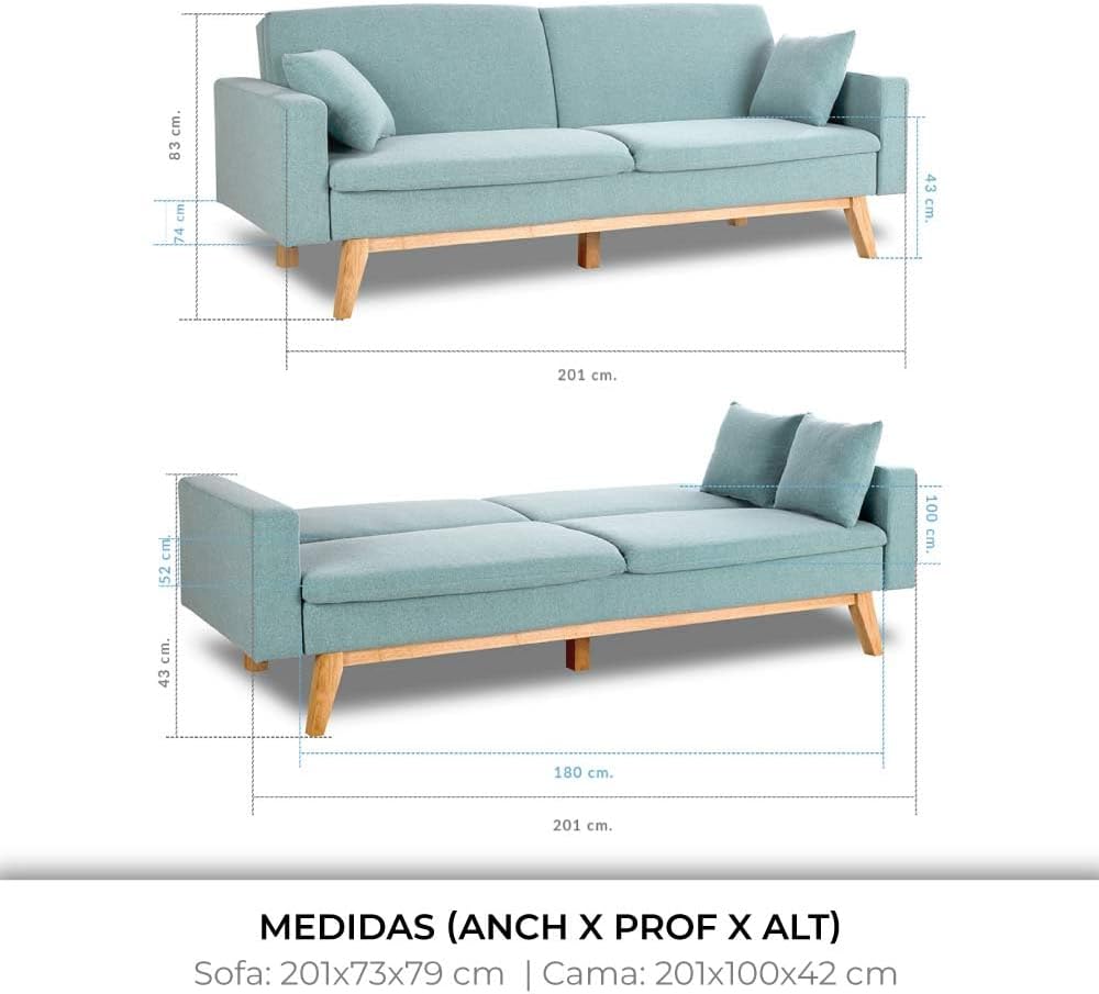 Don Descanso, Sofá Cama 3 plazas Reine, Tapizado en Tela, Sistema Apertura de Libro o Clic-clac, Medida sofá: 201x73x79 cm, Medida Cama: 201x99x42 cm, Incluye 2 Cojines, Gris Claro
