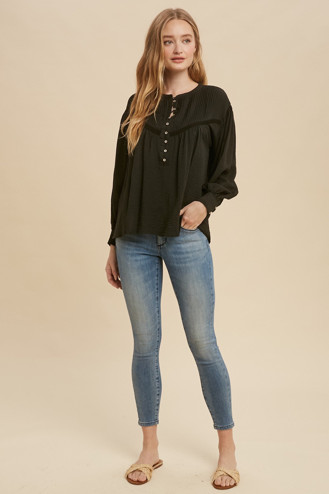 Pin Tuck Pleated Long Sleeve Blouse - Black