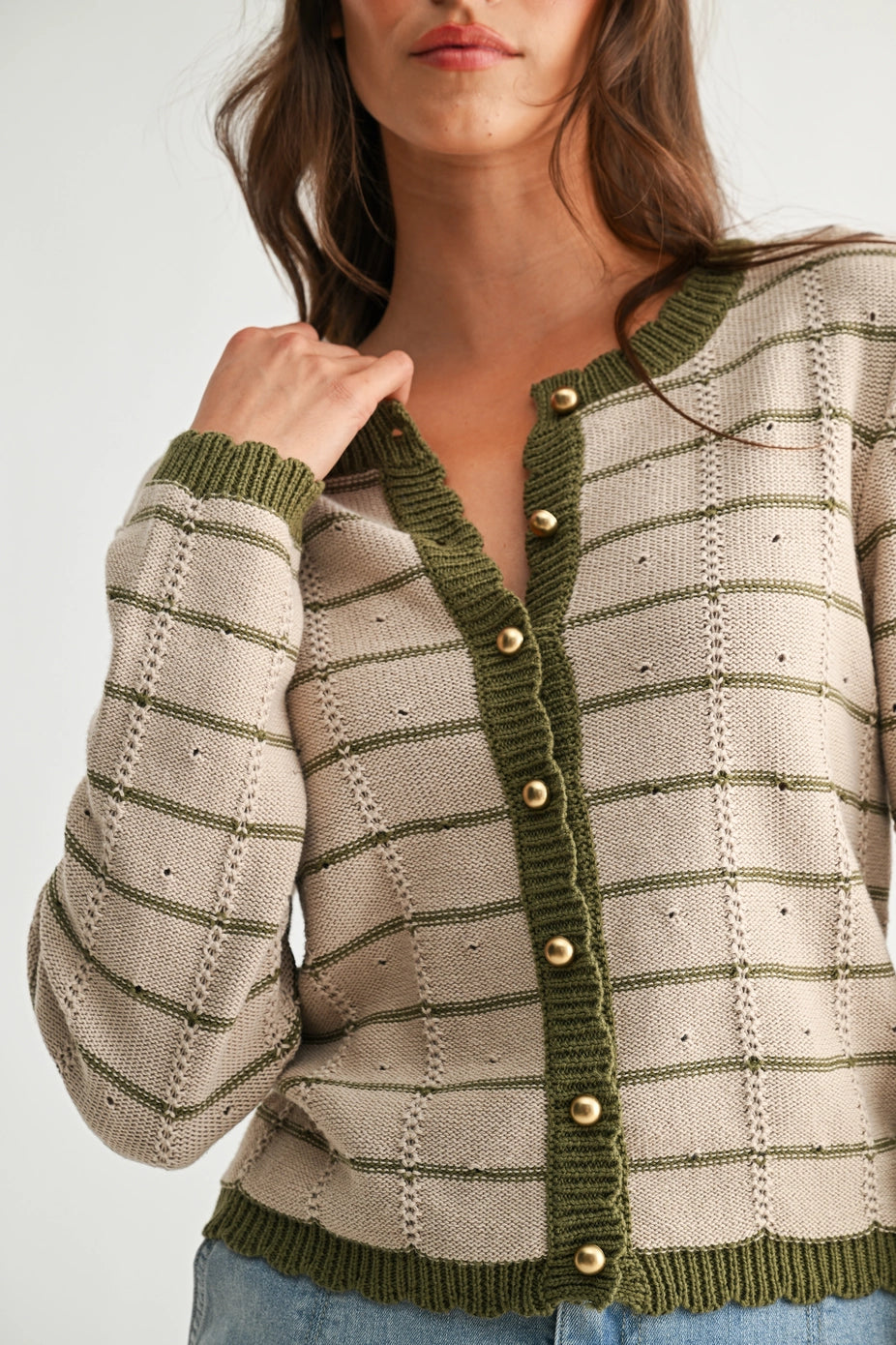 Olive Striped Cardigan with Gold Buttons