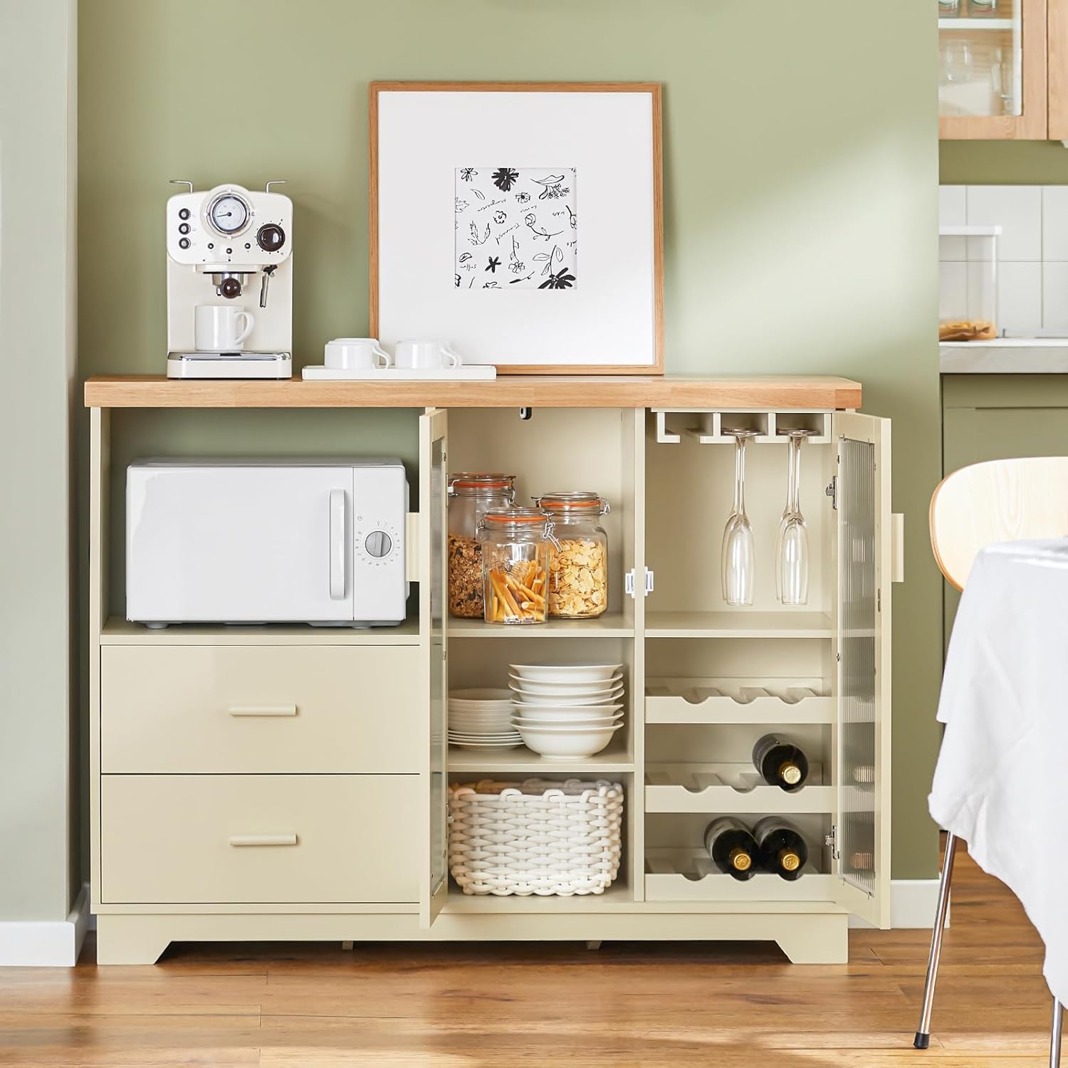 SoBuy FSB81-GR Kitchen Sideboard for Microwave Buffet for Dining Room Entrance Living Room with 2 Doors 2 Drawers and 1 Open Compartment Green 120 x 40 x 90 cm ES