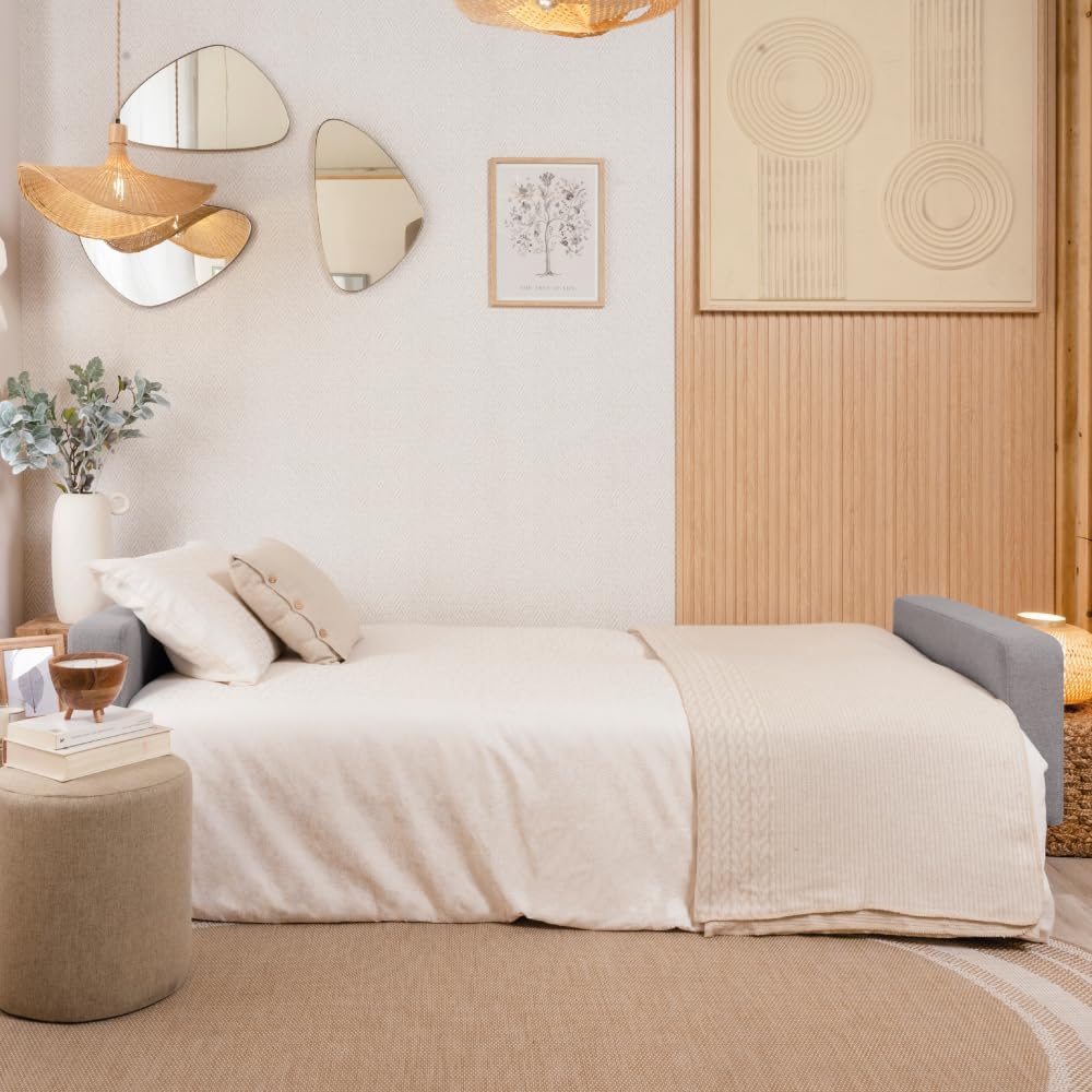 Don Descanso, Sofá Cama 3 plazas Reine, Tapizado en Tela, Sistema Apertura de Libro o Clic-clac, Medida sofá: 201x73x79 cm, Medida Cama: 201x99x42 cm, Incluye 2 Cojines, Gris Claro