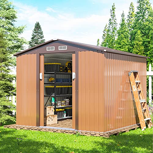 JAXPETY Cobertizo de Jardín y Almacenamiento Exterior de 6×8 Pies – Cobertizo Metálico para Herramientas con Puertas Corredizas para Patio, Jardín o Exteriores – Color Coffee