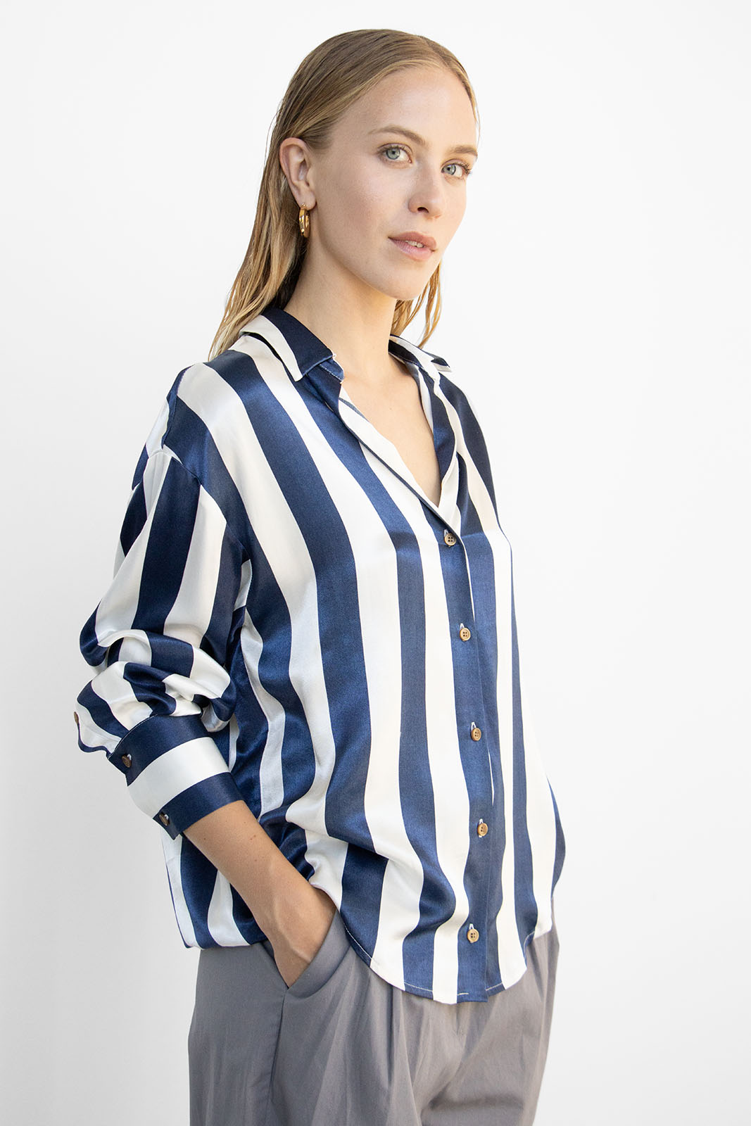 ZOE STRIPED BUTTON DOWN SHIRT - Total Eclipse Blue
