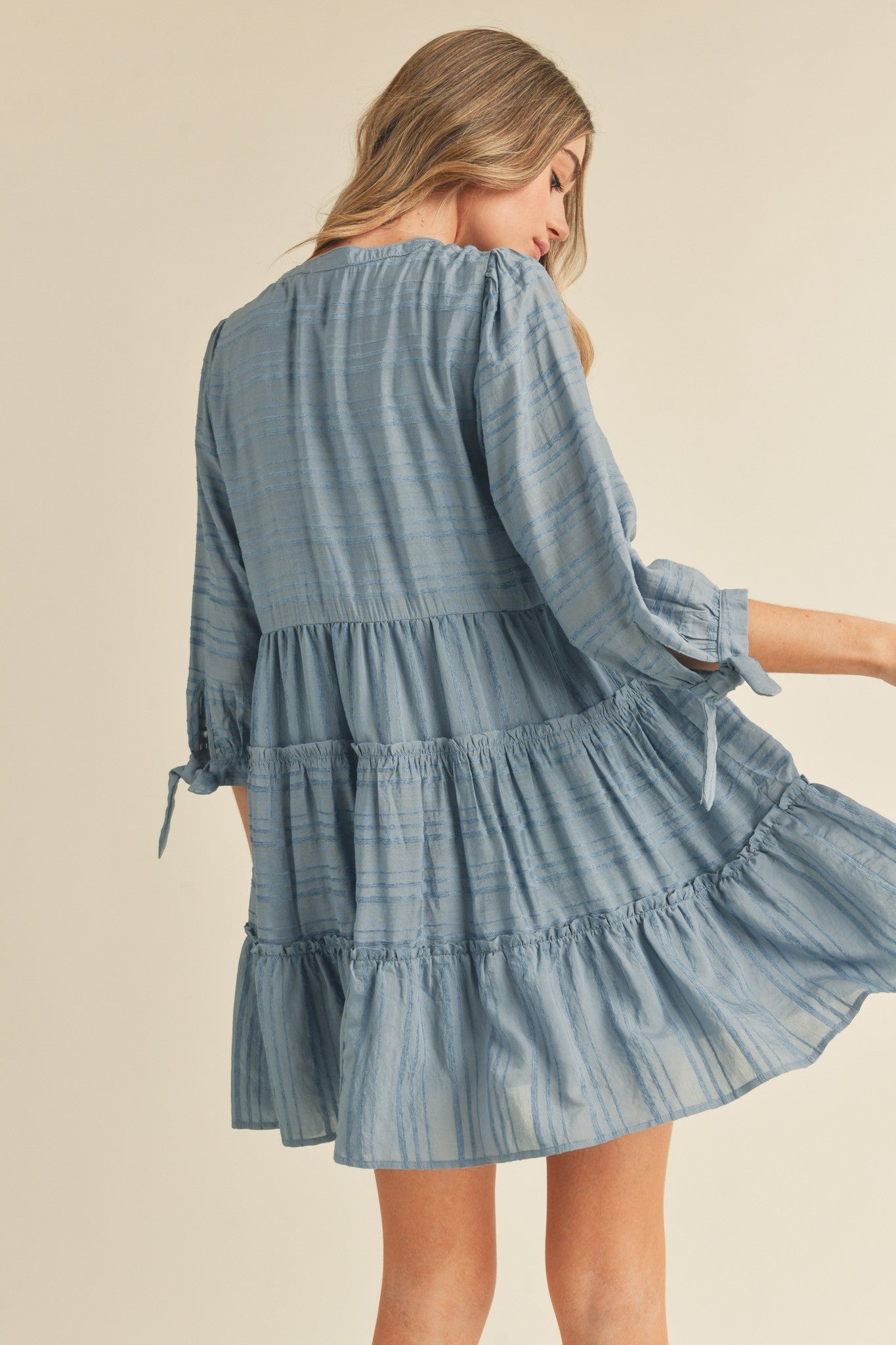 Puff Sleeve Tiered Babydoll Dress - Dusty Denim Blue