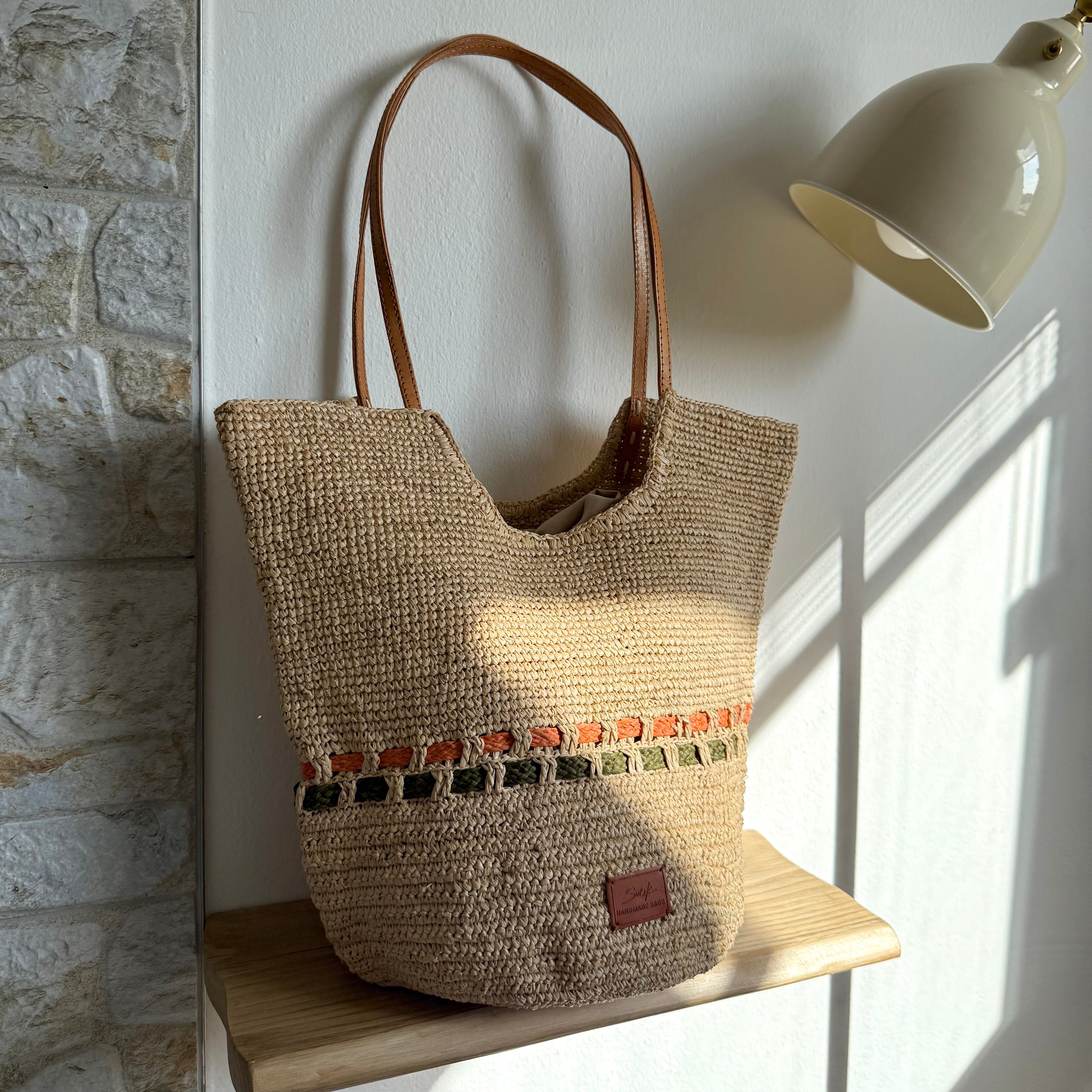 Zola - Handmade Natural Raffia Tote Bag - Pastel Green and Amber