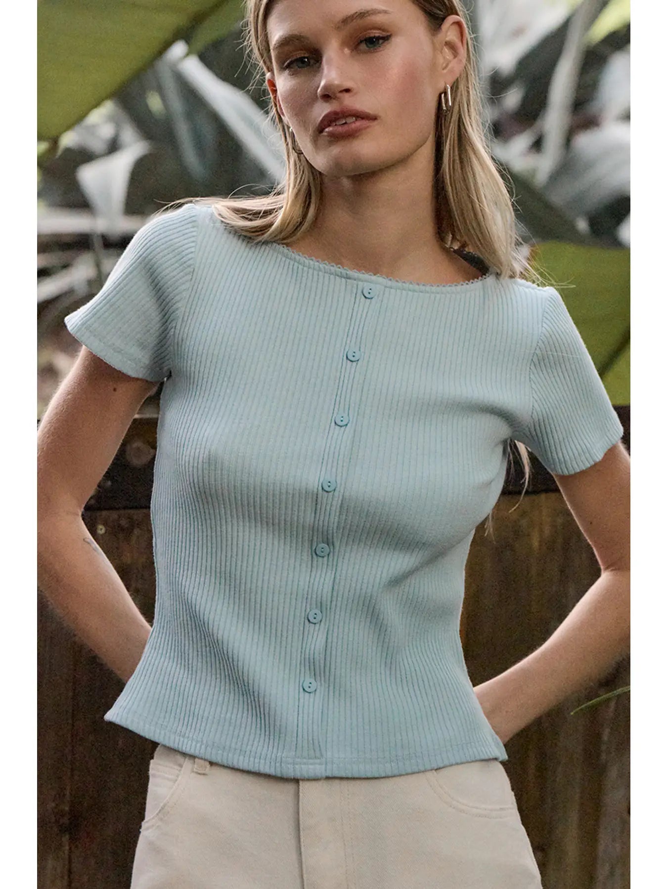 Ribbed Button Front Short Sleeve Knit Sweater