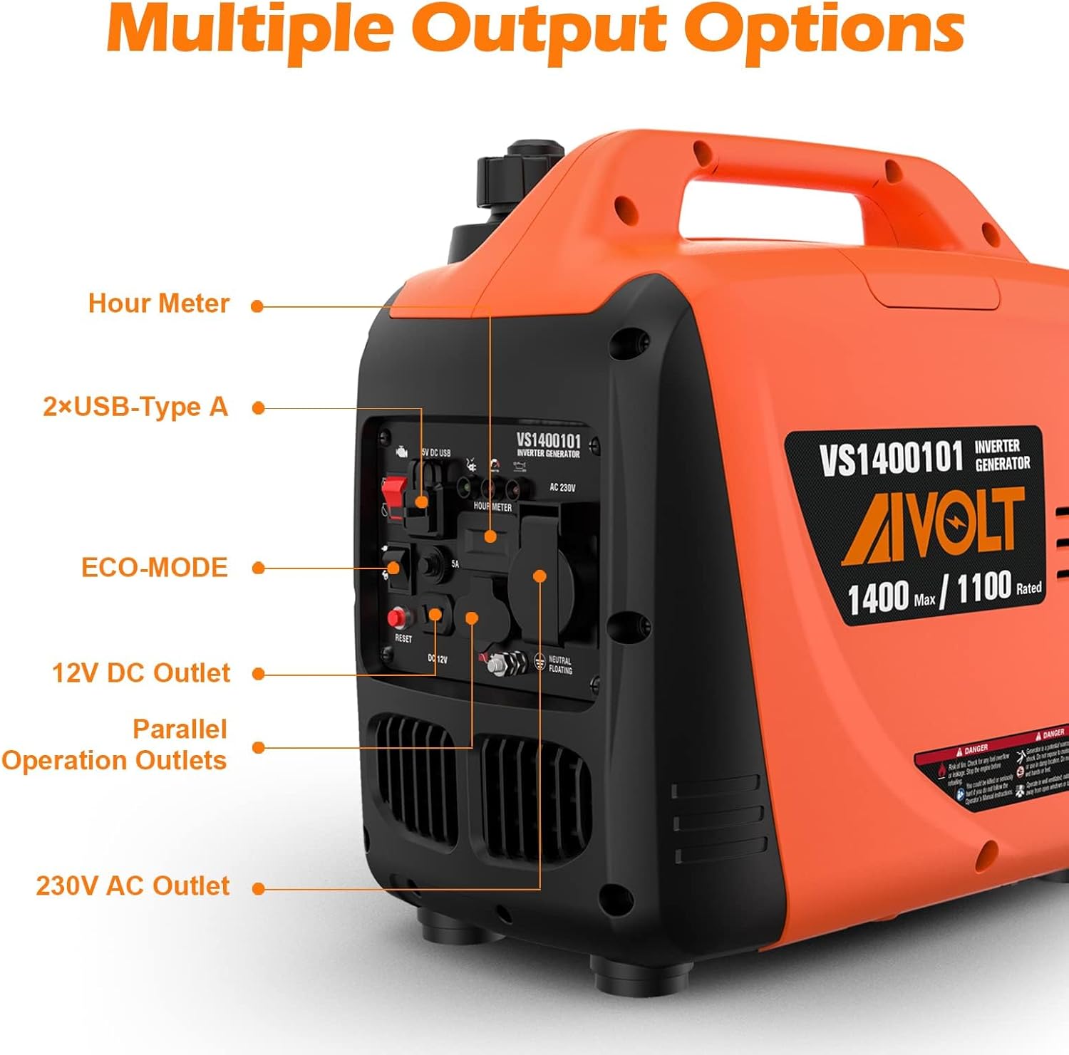 AIVOLT Silent Gasoline Inverter Generator 1400W with Outputs AC 230V/DC 12V/USB Type-A and Tank 2.5L - Portable for Outdoor Camping