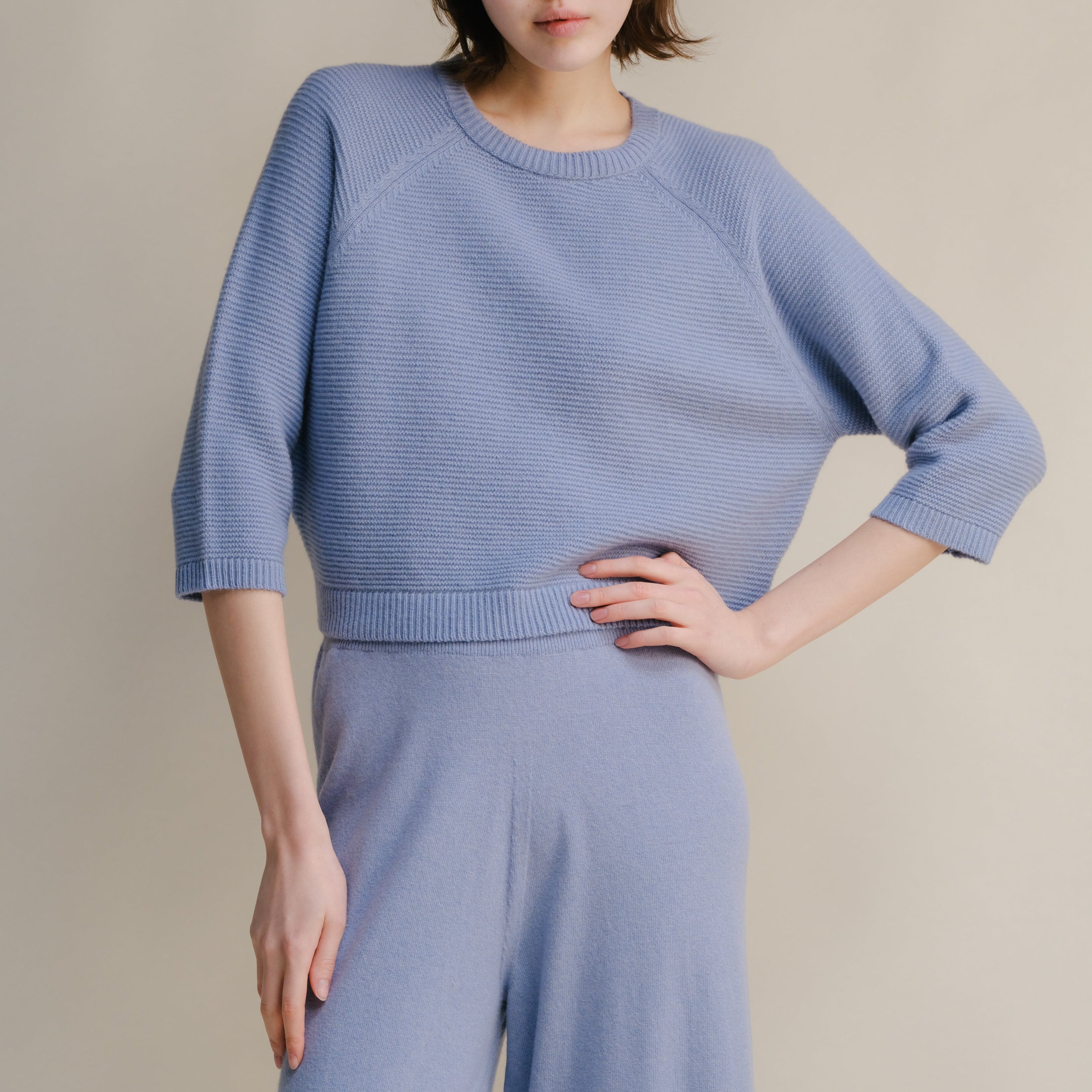 Cashmere Mix Cropped 3/4 Sleeve Pullover