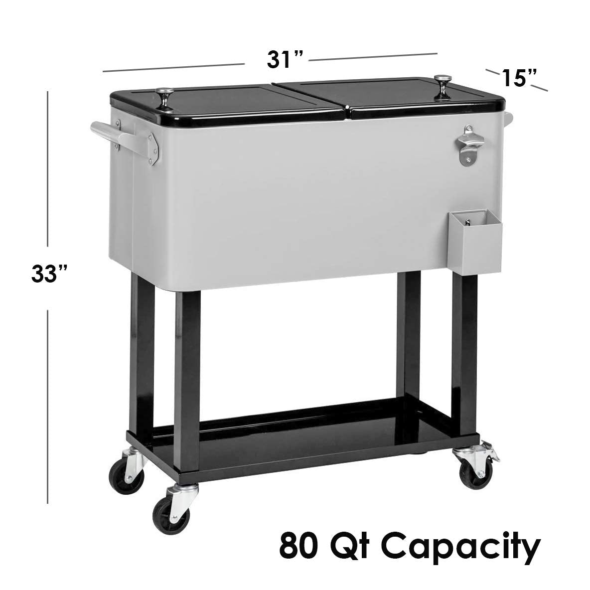 Enfriador con ruedas de 80 cuartos / 20 galones para patio al aire libre, gris, carrito portátil para bebidas frías con estante, soporte y abridor de botellas