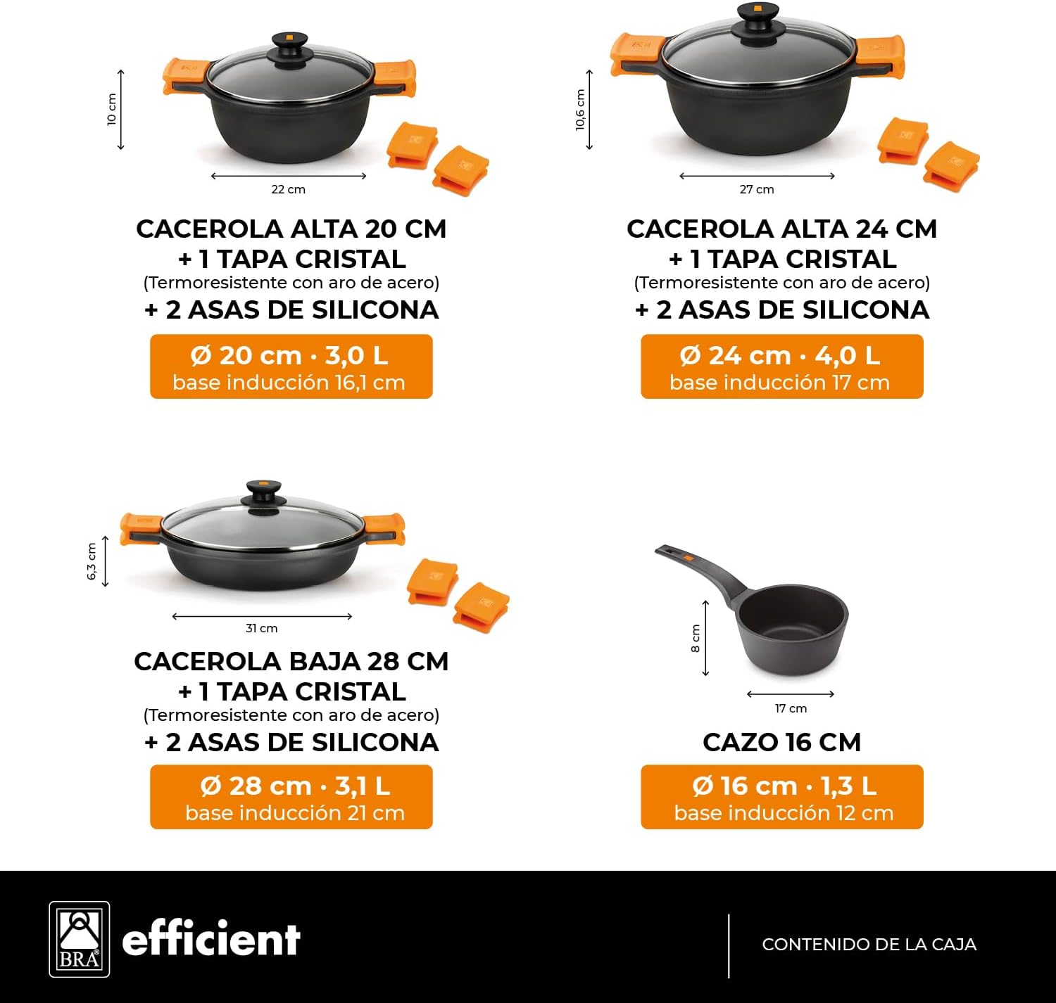 BRA Efficient 9-Piece Non-Stick Cast Aluminium Battery, Suitable for All Types of Cookers and Induction (Contains 4 Saucepans and 1 Saucepan + 4 Lids)