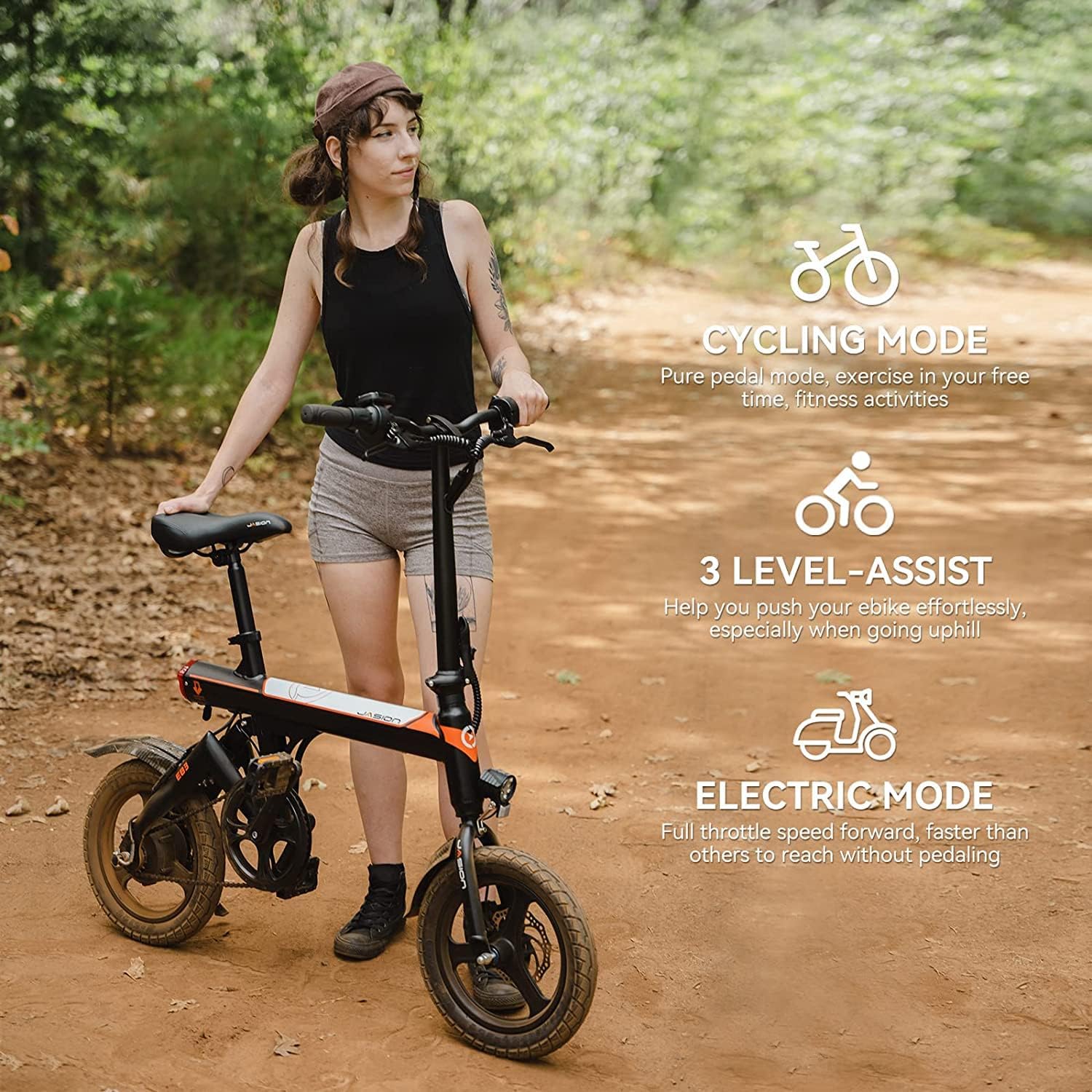 Jasion EB3 Bicicleta Eléctrica para Adultos – 21 mph, Motor Pico de 500W, Batería de 270Wh, Suspensión Trasera, 3 Niveles de Asistencia, Ebike Plegable de 14″ para Adultos y Adolescentes – Cumple con UL2849