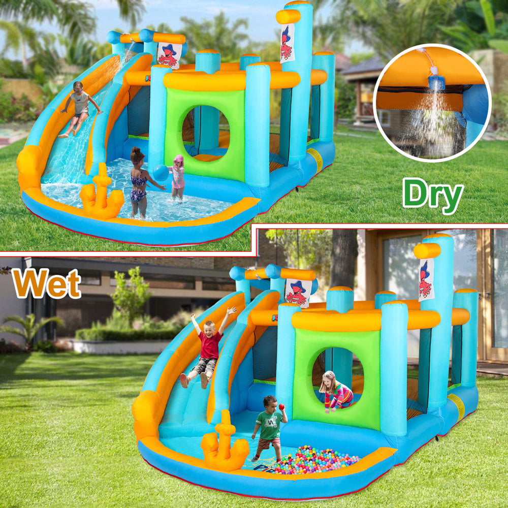 JOYMOR Parque Acuático Inflable con Tobogán – Casa Saltarina Temática de Piratas con Curso de Obstáculos, Cañón de Agua, Piscina de Chapoteo y Castillo Inflable para Exterior – Para Niños de 3 a 12 Años (Incluye Soplador)