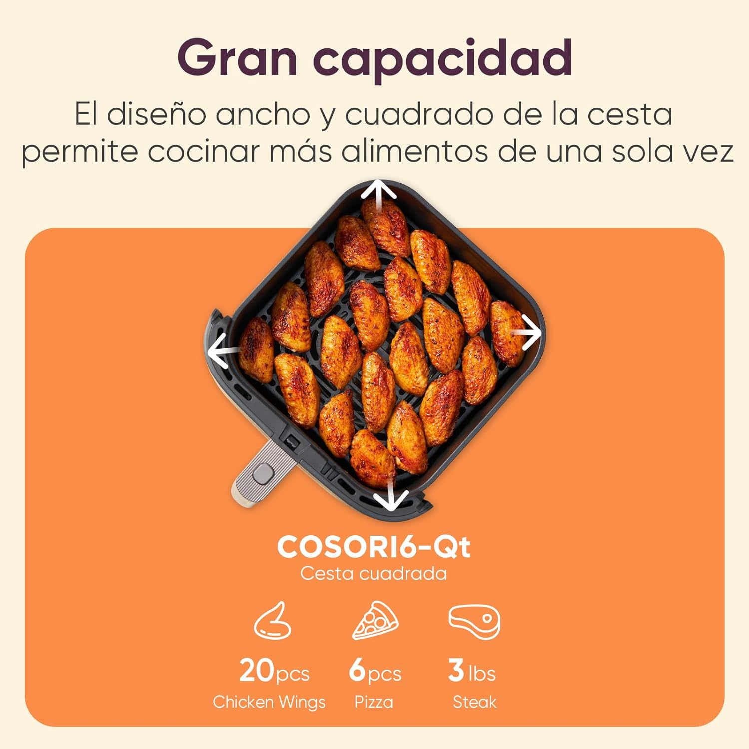 Cosori Turbo Blaze Freidora de Aire 6L, Interior Metálico Real, Motor DC Exclusivo, 46% Más Rápida, Temperatura 30°C a 230°C, Ideal para Asar Carnes, Programas Completo de Cocina, Silenciosa 27dB