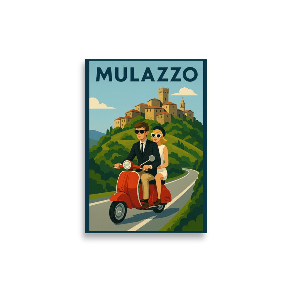 Vintage Travel Poster - Mulazzo, Italy - Couple on Vespa