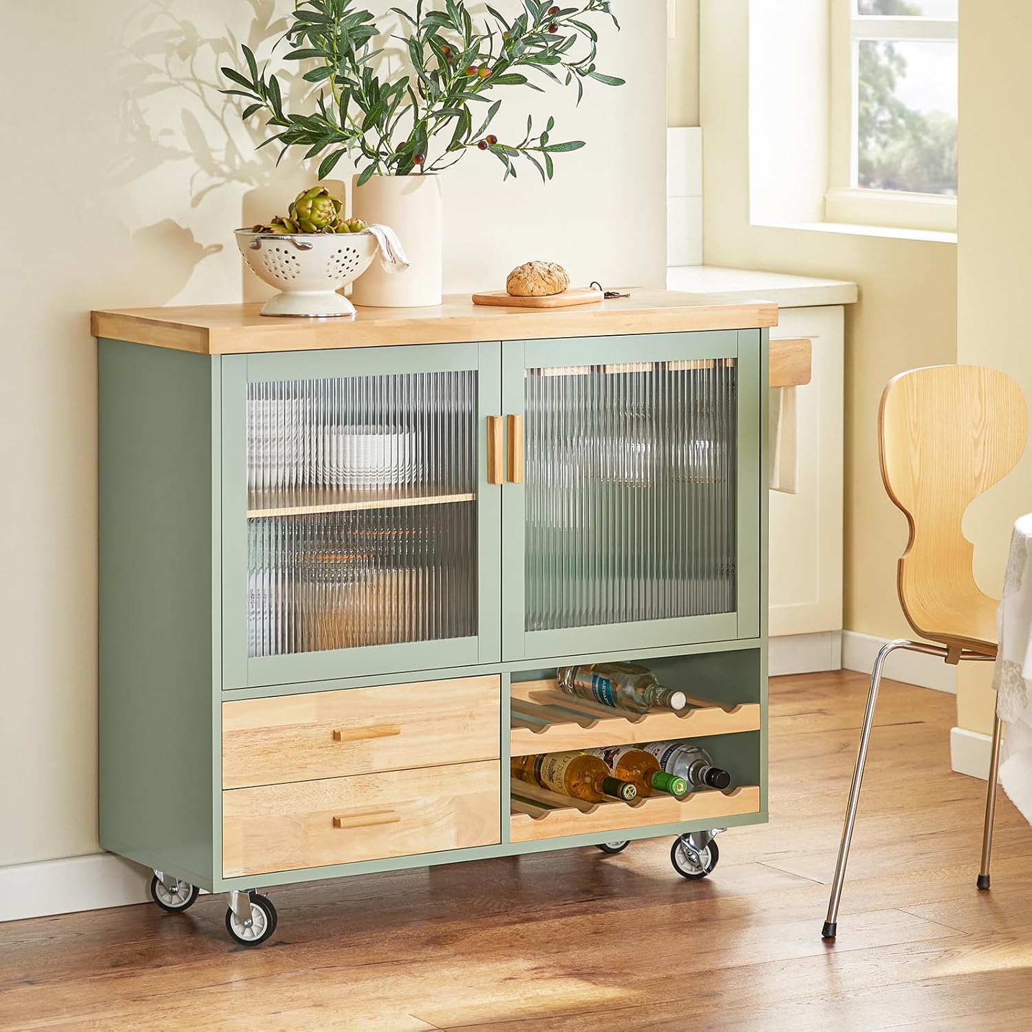 SoBuy FSB81-GR Kitchen Sideboard for Microwave Buffet for Dining Room Entrance Living Room with 2 Doors 2 Drawers and 1 Open Compartment Green 120 x 40 x 90 cm ES