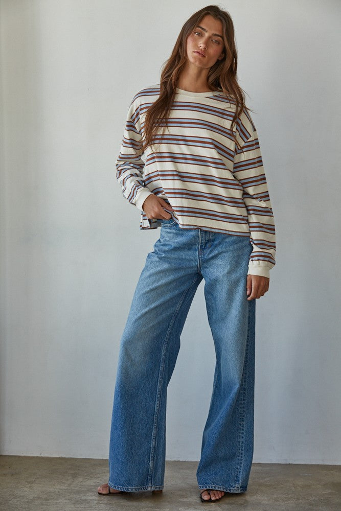Blue Camel Stripe Crew Neck Long Sleeve