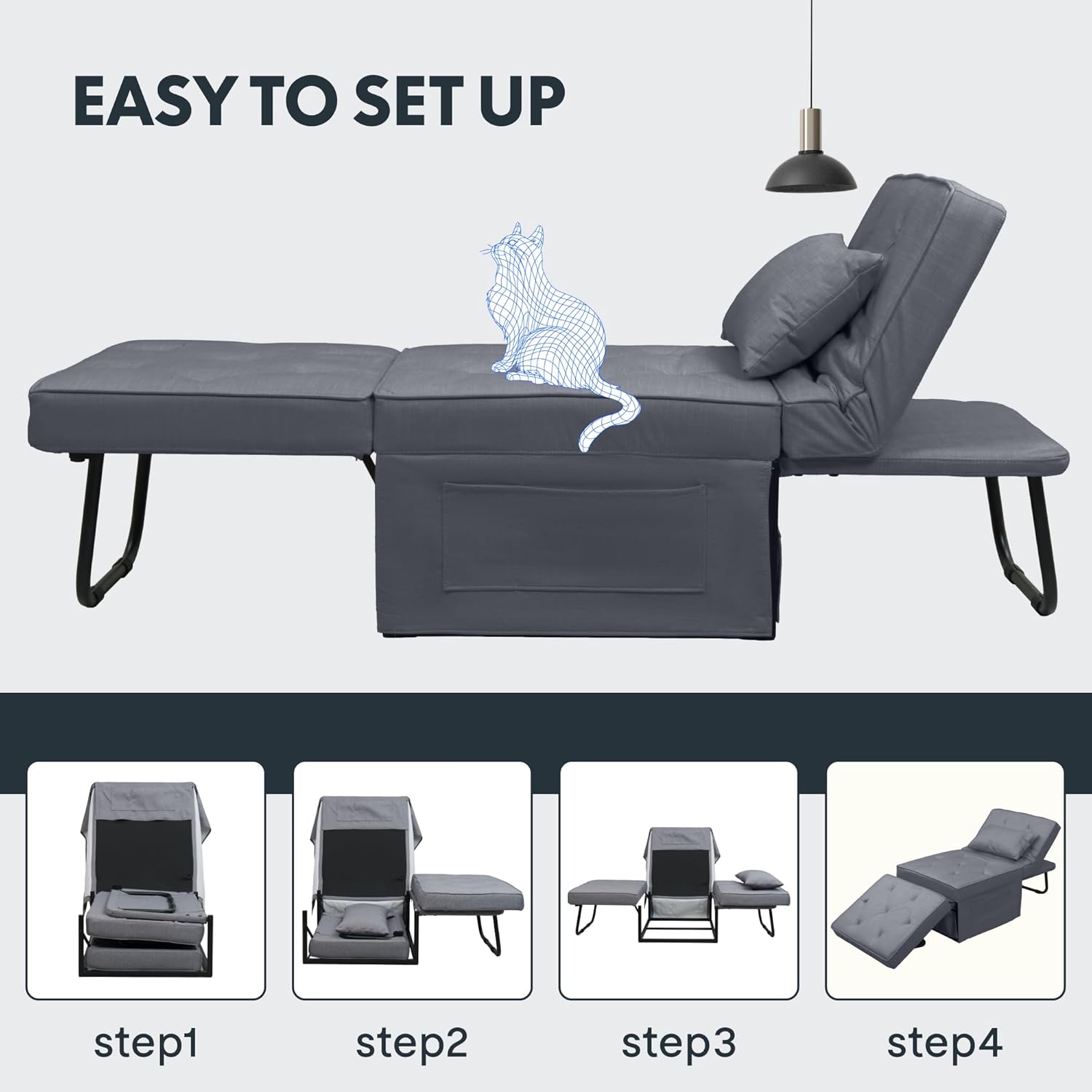 FLEXISPOT Sofa Bed Extendable Folding Sleeping Chair with Bed Function, Chair Beds with Function, Convertible Bed Chair, Load Capacity 300 kg, Grey