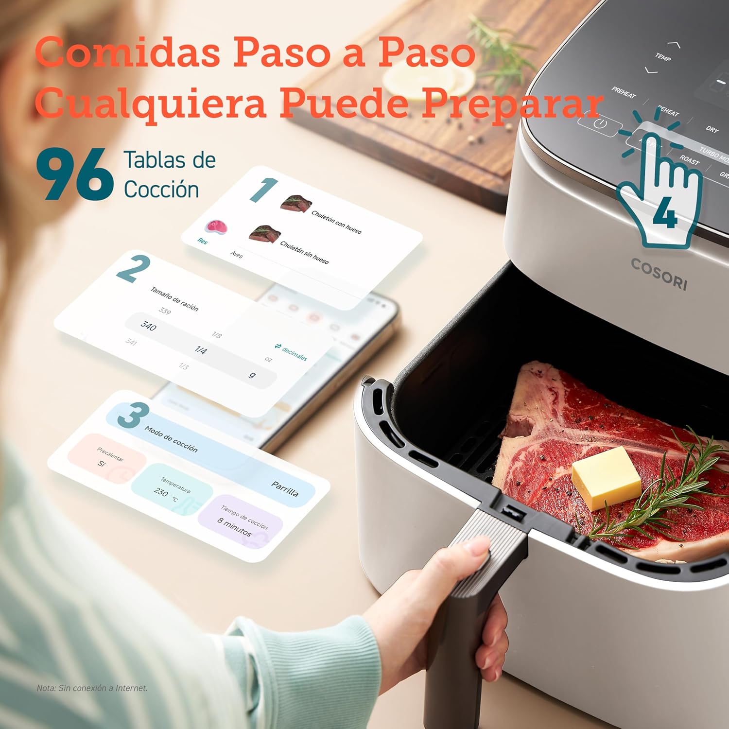 Cosori Turbo Blaze Freidora de Aire 6L, Interior Metálico Real, Motor DC Exclusivo, 46% Más Rápida, Temperatura 30°C a 230°C, Ideal para Asar Carnes, Programas Completo de Cocina, Silenciosa 27dB
