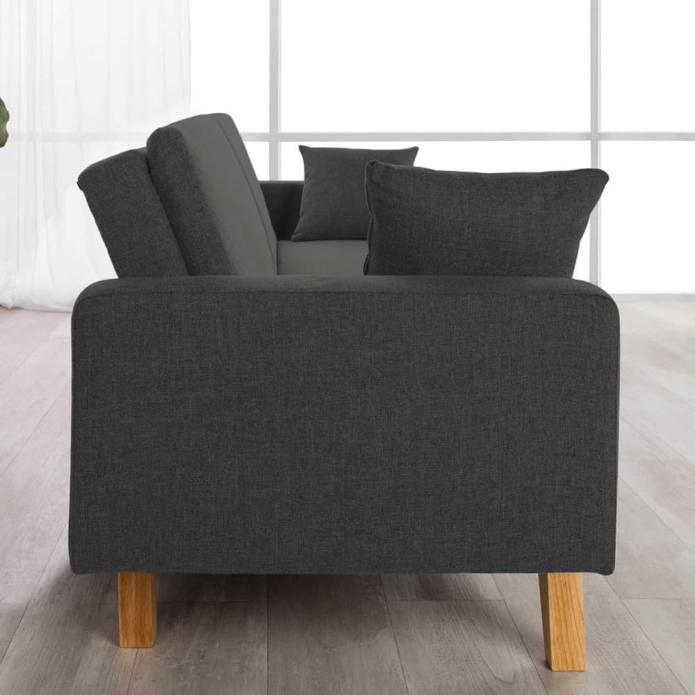 Don Descanso, Sofá Cama 3 plazas Reine, Tapizado en Tela, Sistema Apertura de Libro o Clic-clac, Medida sofá: 201x73x79 cm, Medida Cama: 201x99x42 cm, Incluye 2 Cojines, Gris Claro