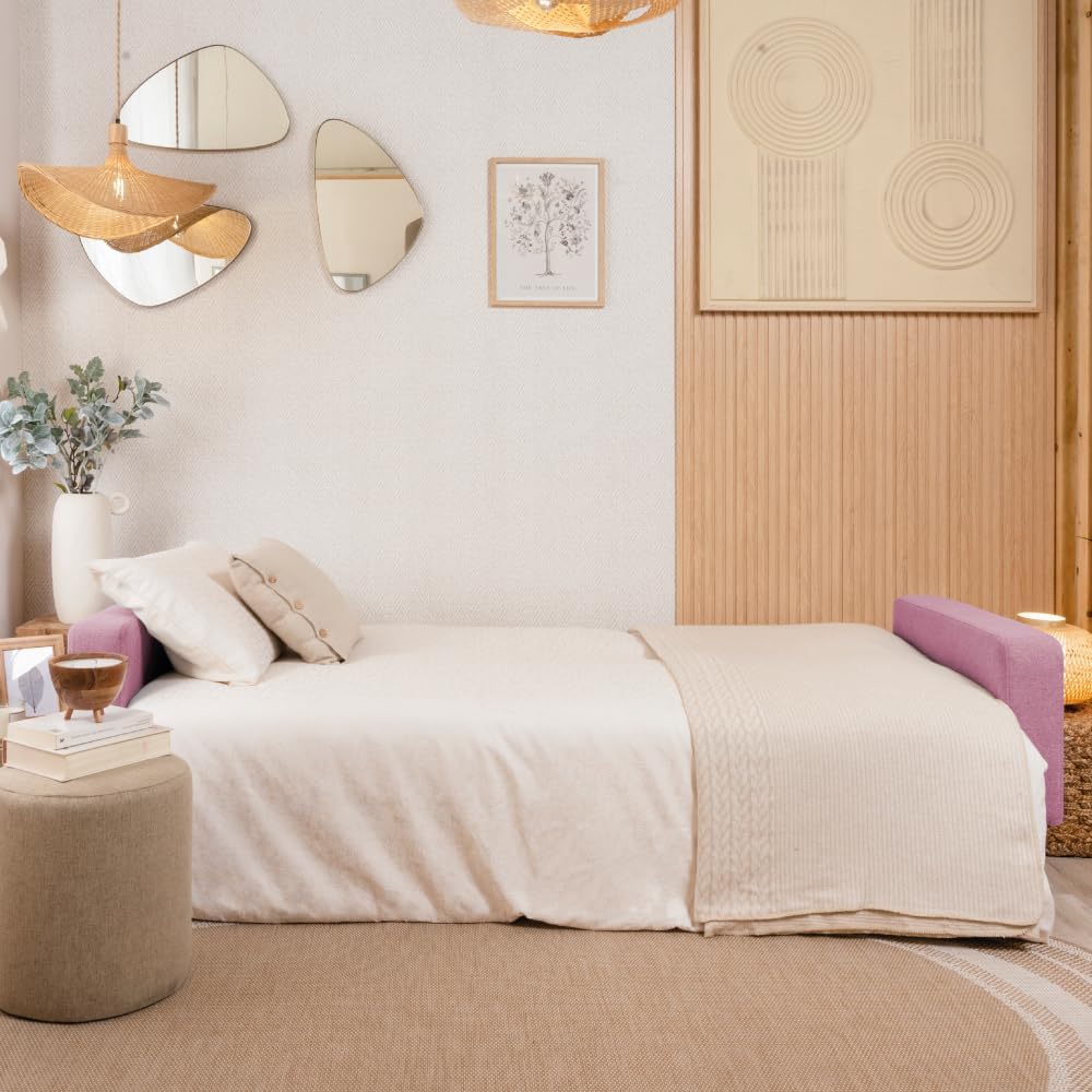 Don Descanso, Sofá Cama 3 plazas Reine, Tapizado en Tela, Sistema Apertura de Libro o Clic-clac, Medida sofá: 201x73x79 cm, Medida Cama: 201x99x42 cm, Incluye 2 Cojines, Gris Claro