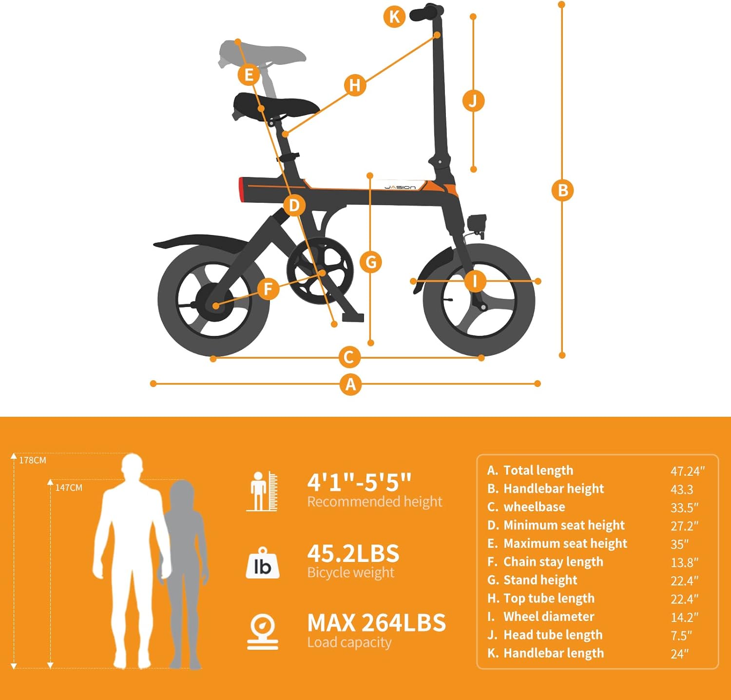 Jasion EB3 Bicicleta Eléctrica para Adultos – 21 mph, Motor Pico de 500W, Batería de 270Wh, Suspensión Trasera, 3 Niveles de Asistencia, Ebike Plegable de 14″ para Adultos y Adolescentes – Cumple con UL2849