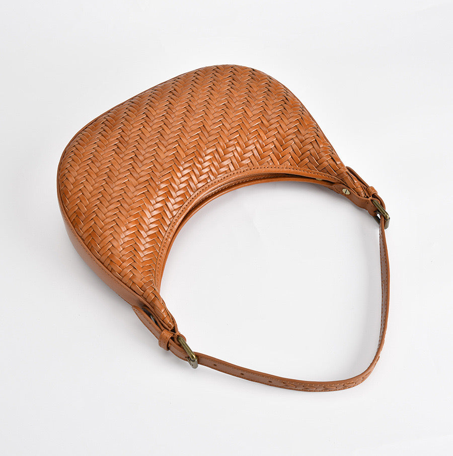 Carmel - Hand Woven Leather Crescent Bag | Brown