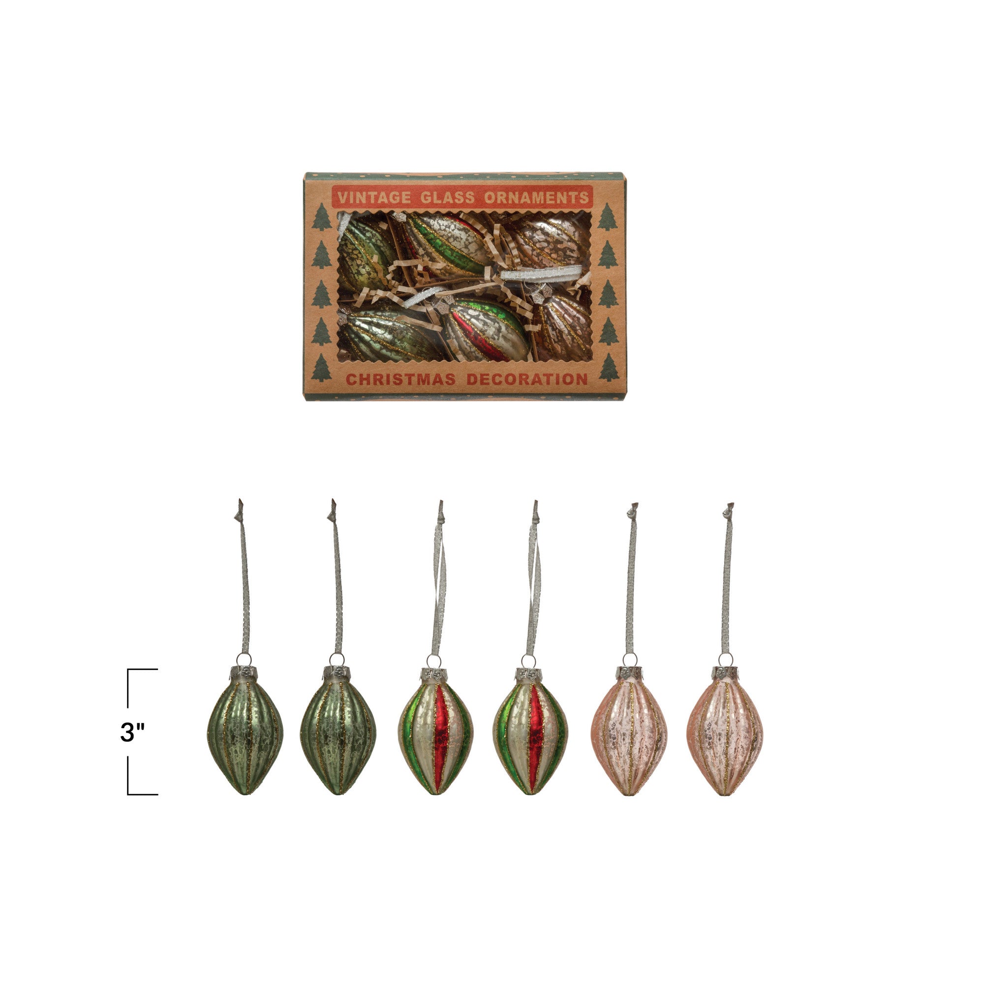 Glass Ornaments, 3 Colors, Boxed Set of 6
