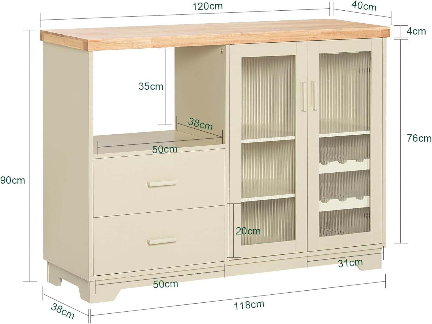 SoBuy FSB81-GR Kitchen Sideboard for Microwave Buffet for Dining Room Entrance Living Room with 2 Doors 2 Drawers and 1 Open Compartment Green 120 x 40 x 90 cm ES