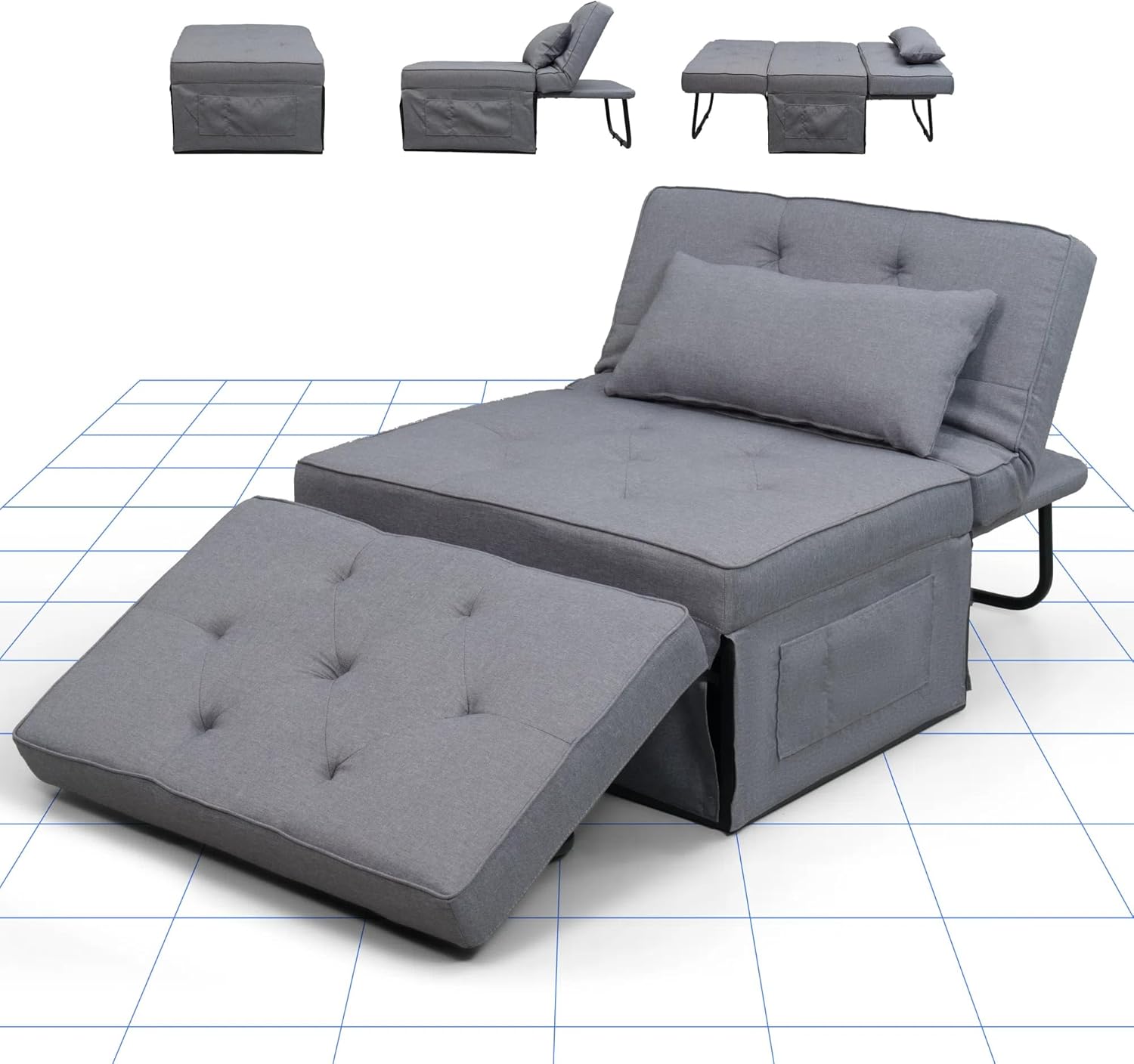 FLEXISPOT Sofa Bed Extendable Folding Sleeping Chair with Bed Function, Chair Beds with Function, Convertible Bed Chair, Load Capacity 300 kg, Grey
