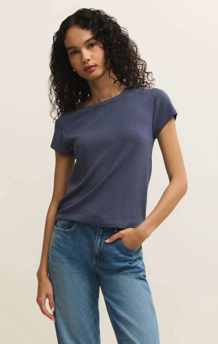 Renae Rib Short Sleeve Top- Indigo