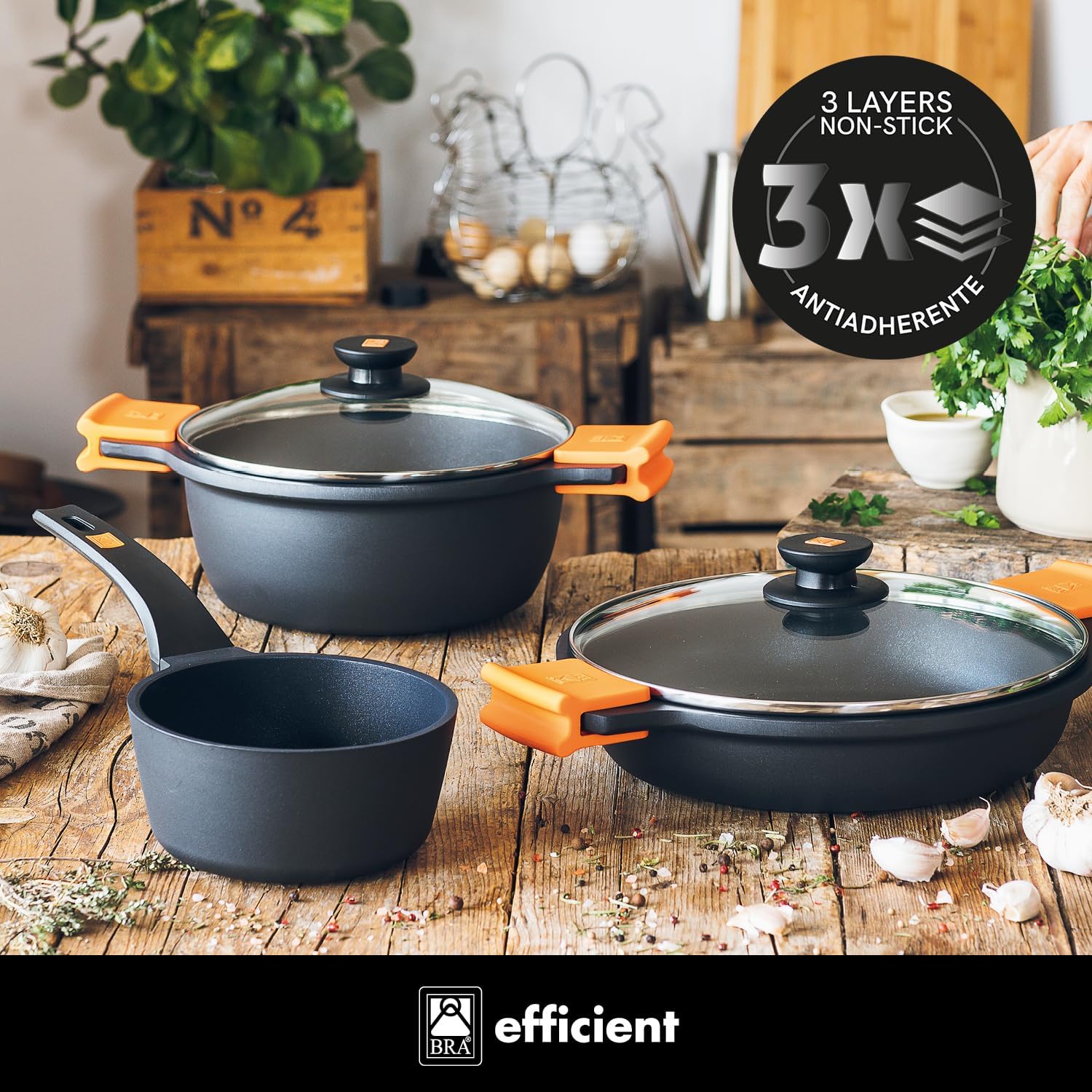 BRA Efficient 9-Piece Non-Stick Cast Aluminium Battery, Suitable for All Types of Cookers and Induction (Contains 4 Saucepans and 1 Saucepan + 4 Lids)