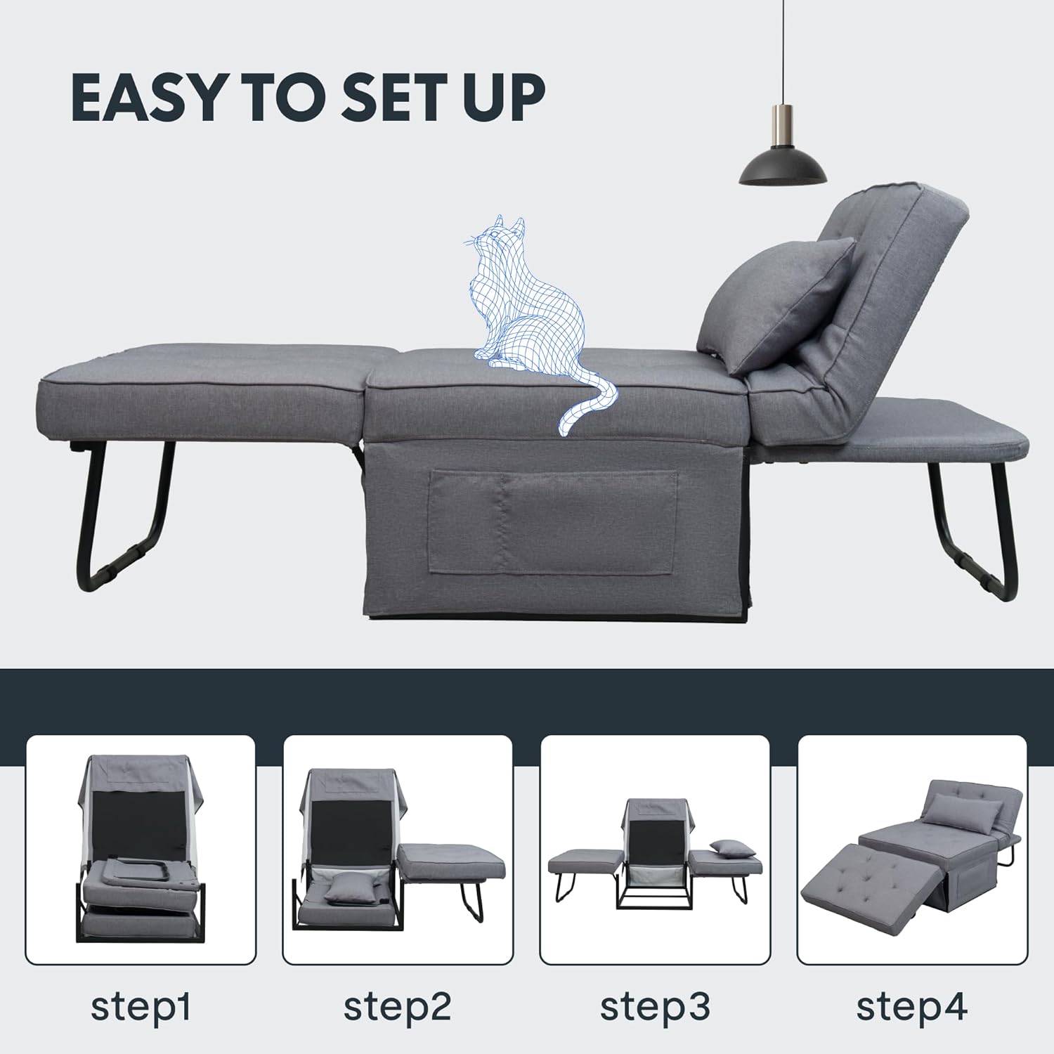 FLEXISPOT Sofa Bed Extendable Folding Sleeping Chair with Bed Function, Chair Beds with Function, Convertible Bed Chair, Load Capacity 300 kg, Grey