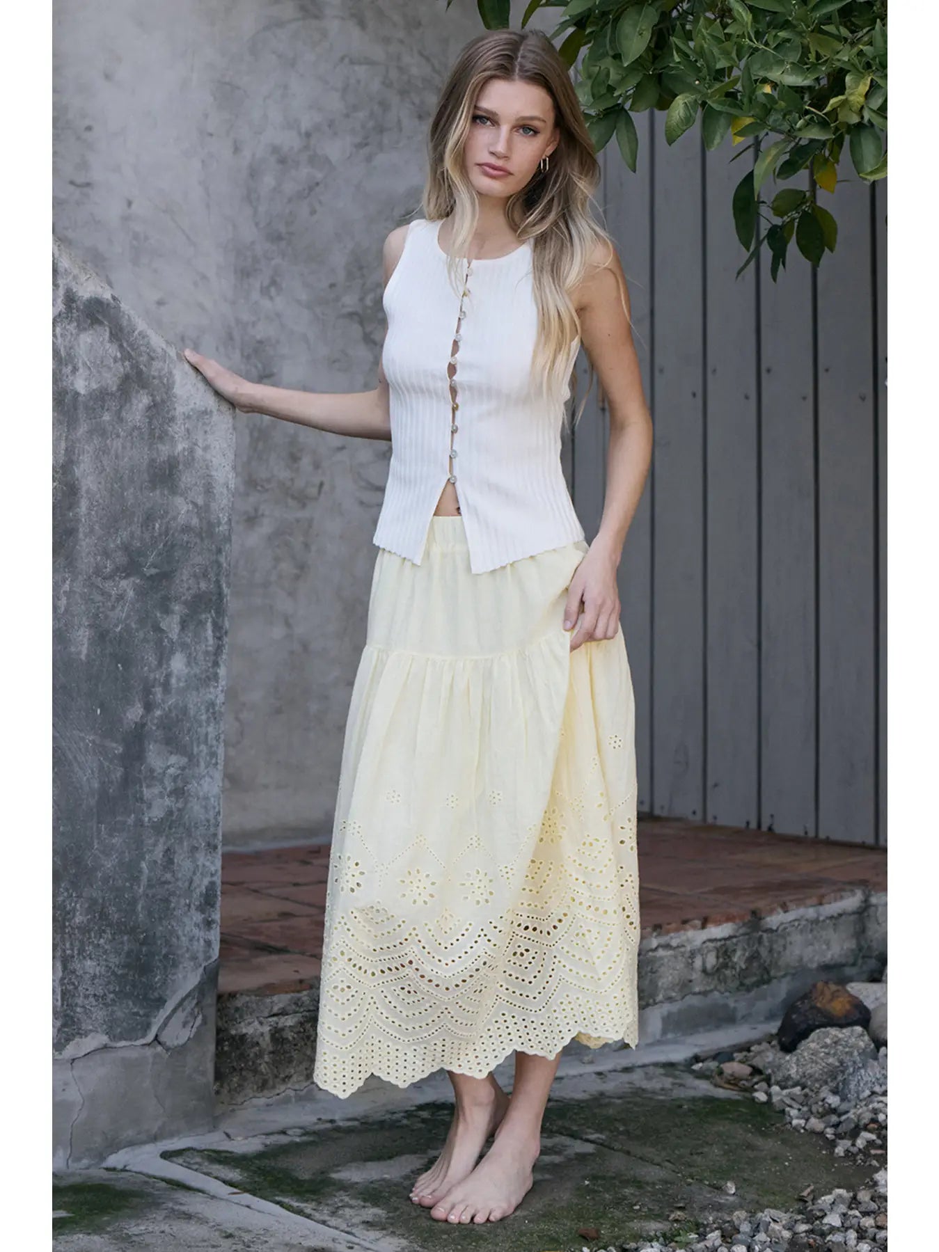 Tiered Embroidered Eyelet Midi Skirt- Butter