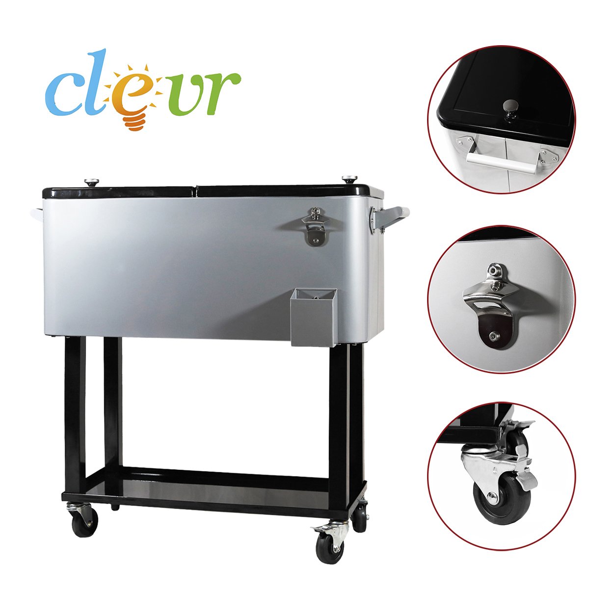 Enfriador con ruedas de 80 cuartos / 20 galones para patio al aire libre, gris, carrito portátil para bebidas frías con estante, soporte y abridor de botellas