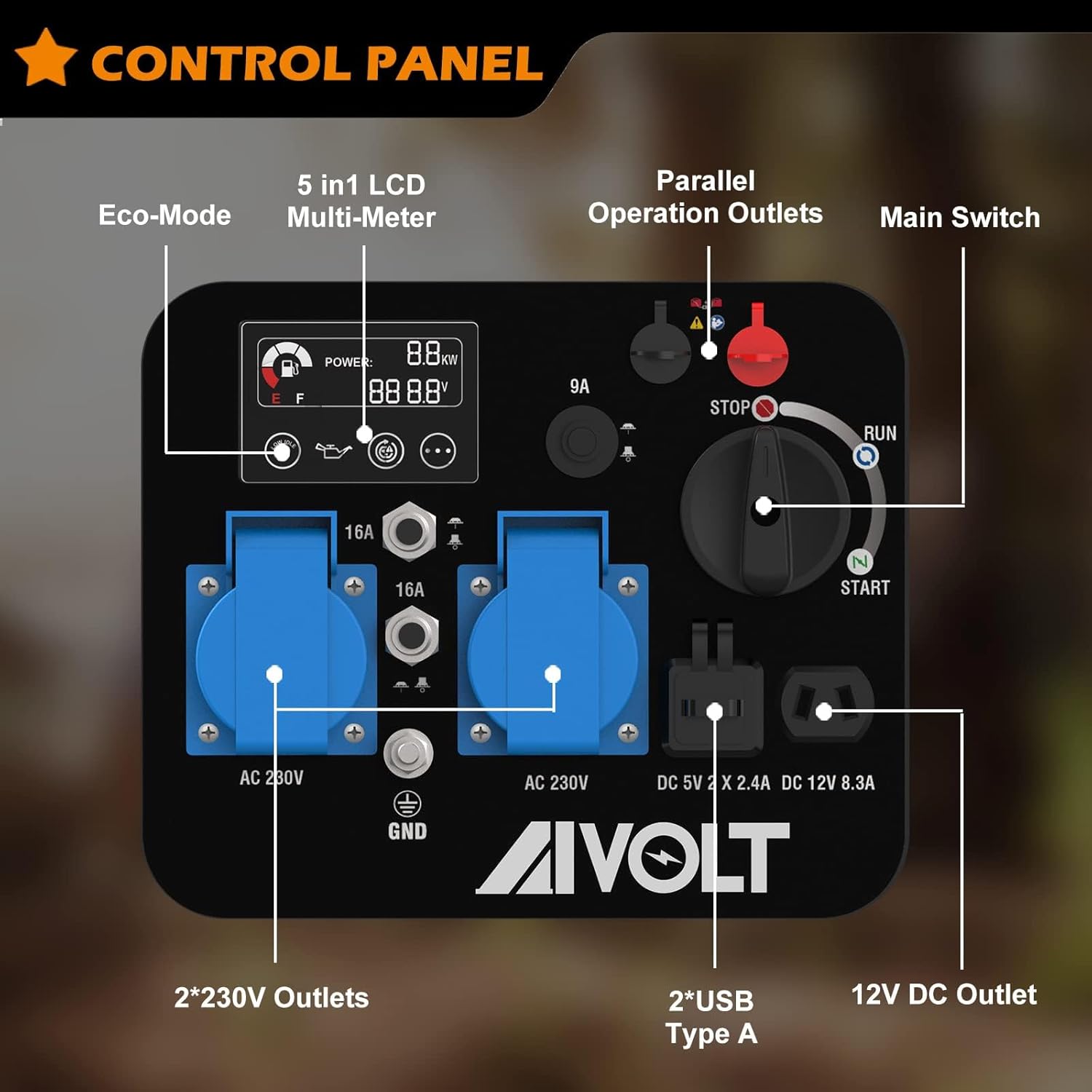 AIVOLT Silent Gasoline Inverter Generator 1400W with Outputs AC 230V/DC 12V/USB Type-A and Tank 2.5L - Portable for Outdoor Camping