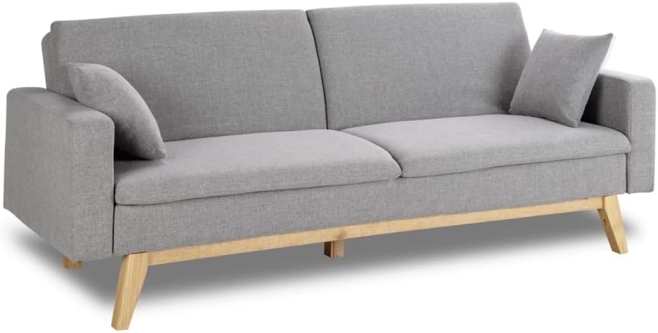 Don Descanso, Sofá Cama 3 plazas Reine, Tapizado en Tela, Sistema Apertura de Libro o Clic-clac, Medida sofá: 201x73x79 cm, Medida Cama: 201x99x42 cm, Incluye 2 Cojines, Gris Claro
