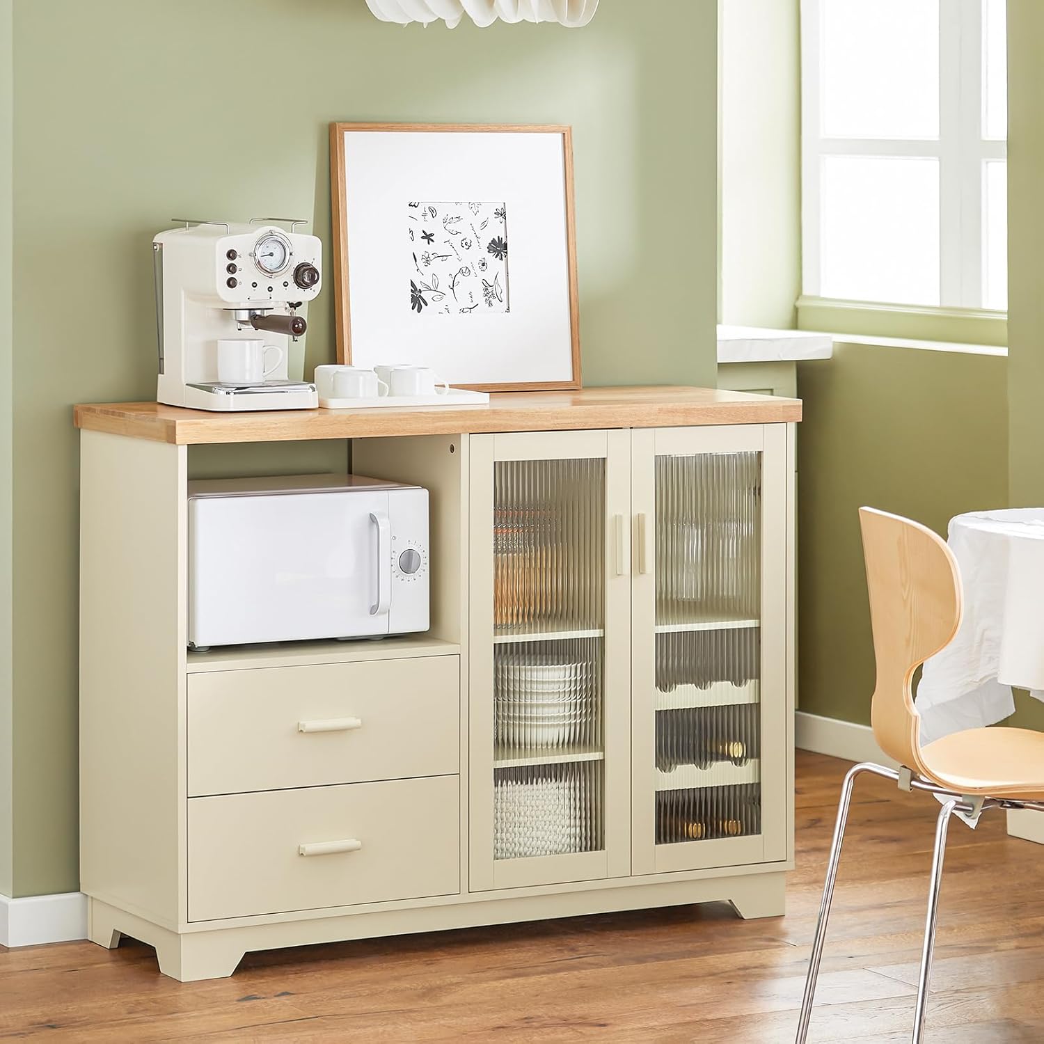 SoBuy FSB81-GR Kitchen Sideboard for Microwave Buffet for Dining Room Entrance Living Room with 2 Doors 2 Drawers and 1 Open Compartment Green 120 x 40 x 90 cm ES