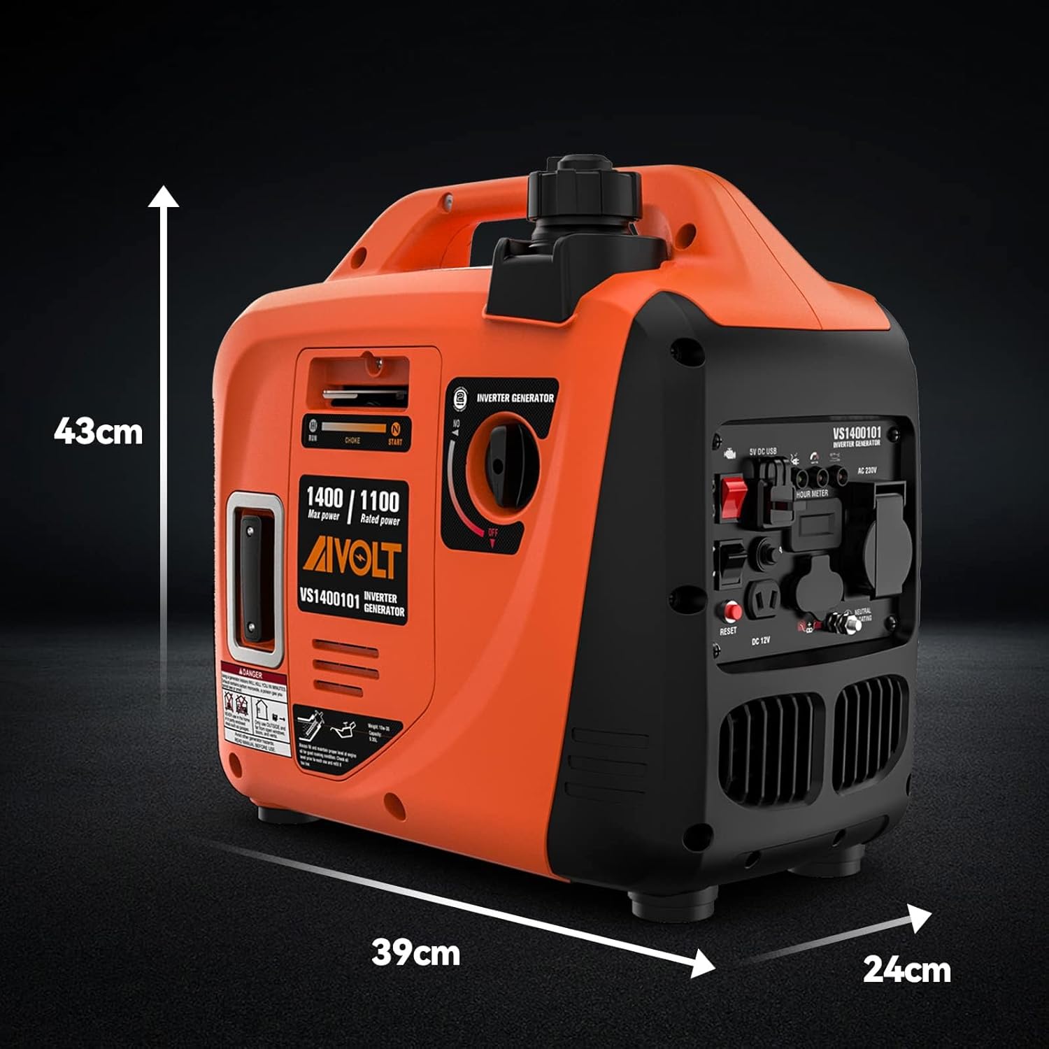 AIVOLT Silent Gasoline Inverter Generator 1400W with Outputs AC 230V/DC 12V/USB Type-A and Tank 2.5L - Portable for Outdoor Camping
