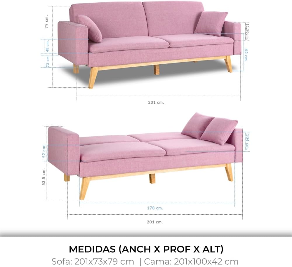 Don Descanso, Sofá Cama 3 plazas Reine, Tapizado en Tela, Sistema Apertura de Libro o Clic-clac, Medida sofá: 201x73x79 cm, Medida Cama: 201x99x42 cm, Incluye 2 Cojines, Gris Claro