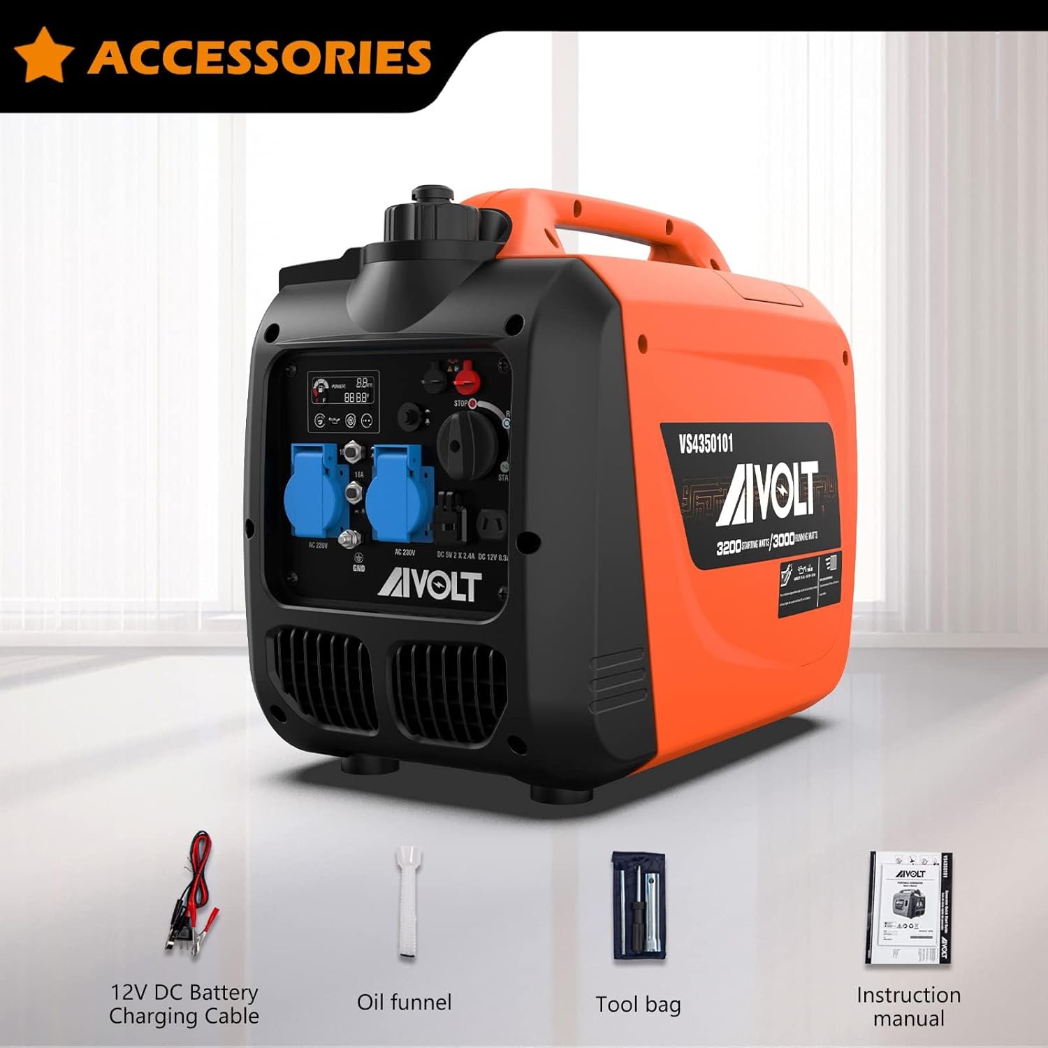 AIVOLT Silent Gasoline Inverter Generator 1400W with Outputs AC 230V/DC 12V/USB Type-A and Tank 2.5L - Portable for Outdoor Camping