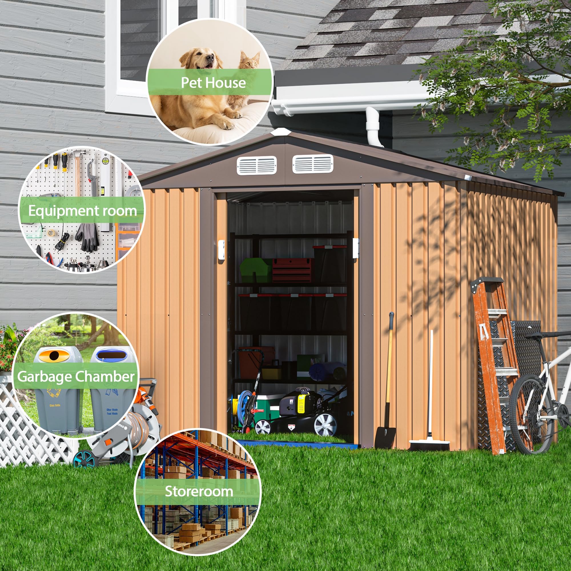 JAXPETY Cobertizo de Jardín y Almacenamiento Exterior de 6×8 Pies – Cobertizo Metálico para Herramientas con Puertas Corredizas para Patio, Jardín o Exteriores – Color Coffee