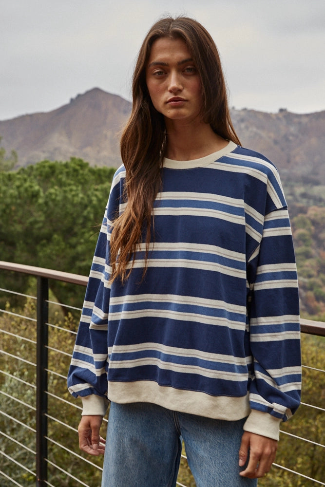 Knit Cotton Striped Crew Neck Long Sleeve Top - Navy