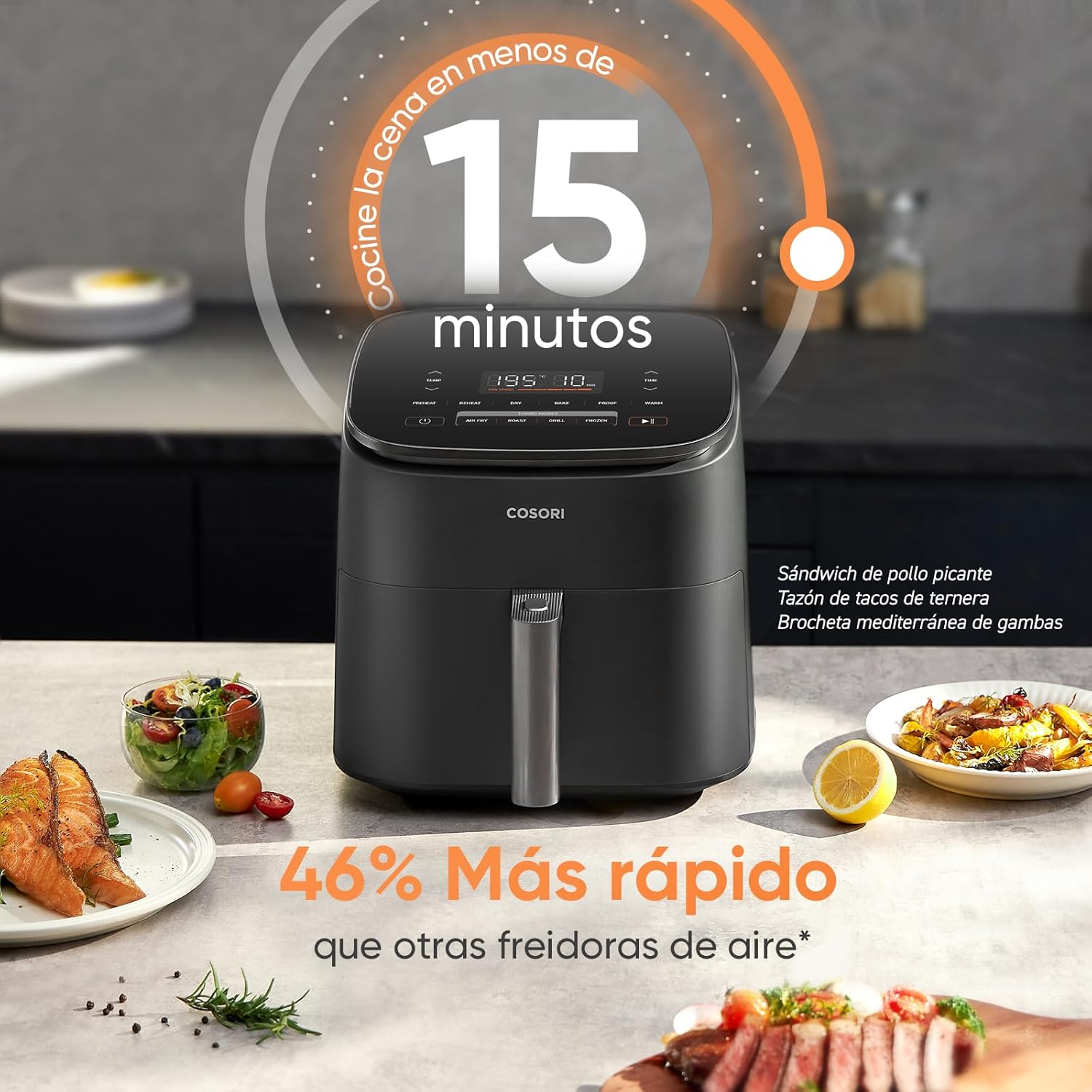 Cosori Turbo Blaze Freidora de Aire 6L, Interior Metálico Real, Motor DC Exclusivo, 46% Más Rápida, Temperatura 30°C a 230°C, Ideal para Asar Carnes, Programas Completo de Cocina, Silenciosa 27dB