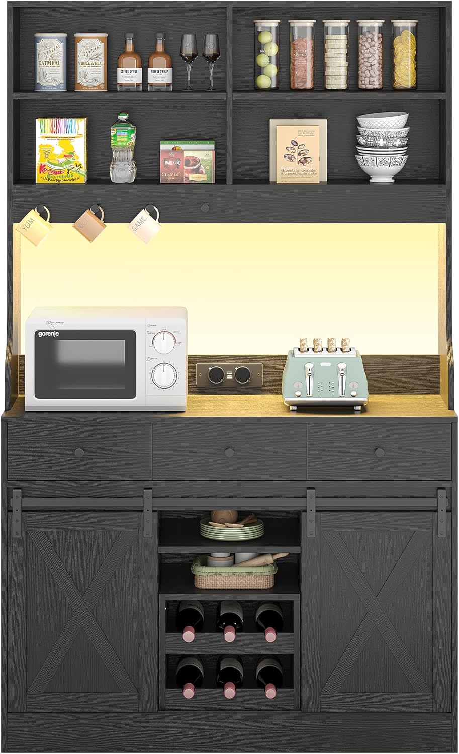 Armario de cocina, Armario Aparador Cocina con LED, Enchufes, Armario Buffet, Estante de vino extraíble, 3 Cajones, Estantes ajustables, Cocina, Sala de estar, Comedor, 103.5*40*180 cm, Negro