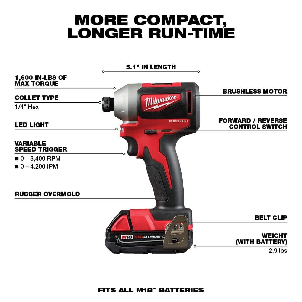 Kit combinado compacto inalámbrico M18 de 18V con motor sin escobillas (2 herramientas) con (2) baterías de 2.0Ah, cargador y bolsa 2892-22CT