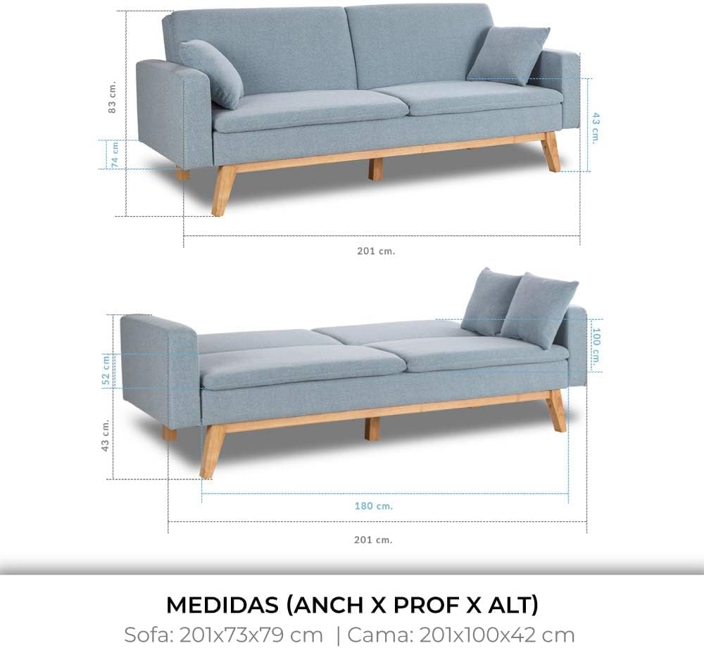 Don Descanso, Sofá Cama 3 plazas Reine, Tapizado en Tela, Sistema Apertura de Libro o Clic-clac, Medida sofá: 201x73x79 cm, Medida Cama: 201x99x42 cm, Incluye 2 Cojines, Gris Claro