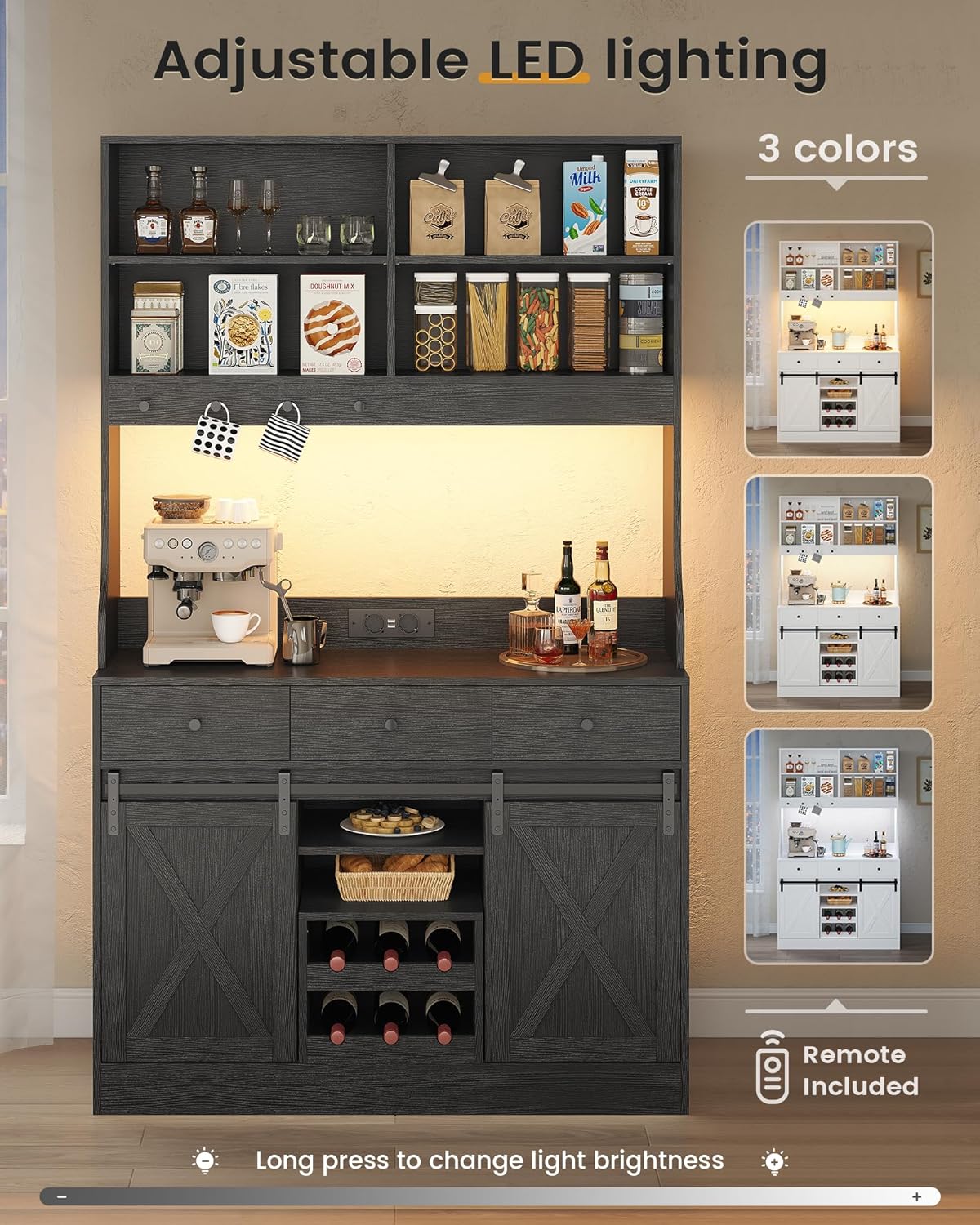 Armario de cocina, Armario Aparador Cocina con LED, Enchufes, Armario Buffet, Estante de vino extraíble, 3 Cajones, Estantes ajustables, Cocina, Sala de estar, Comedor, 103.5*40*180 cm, Negro
