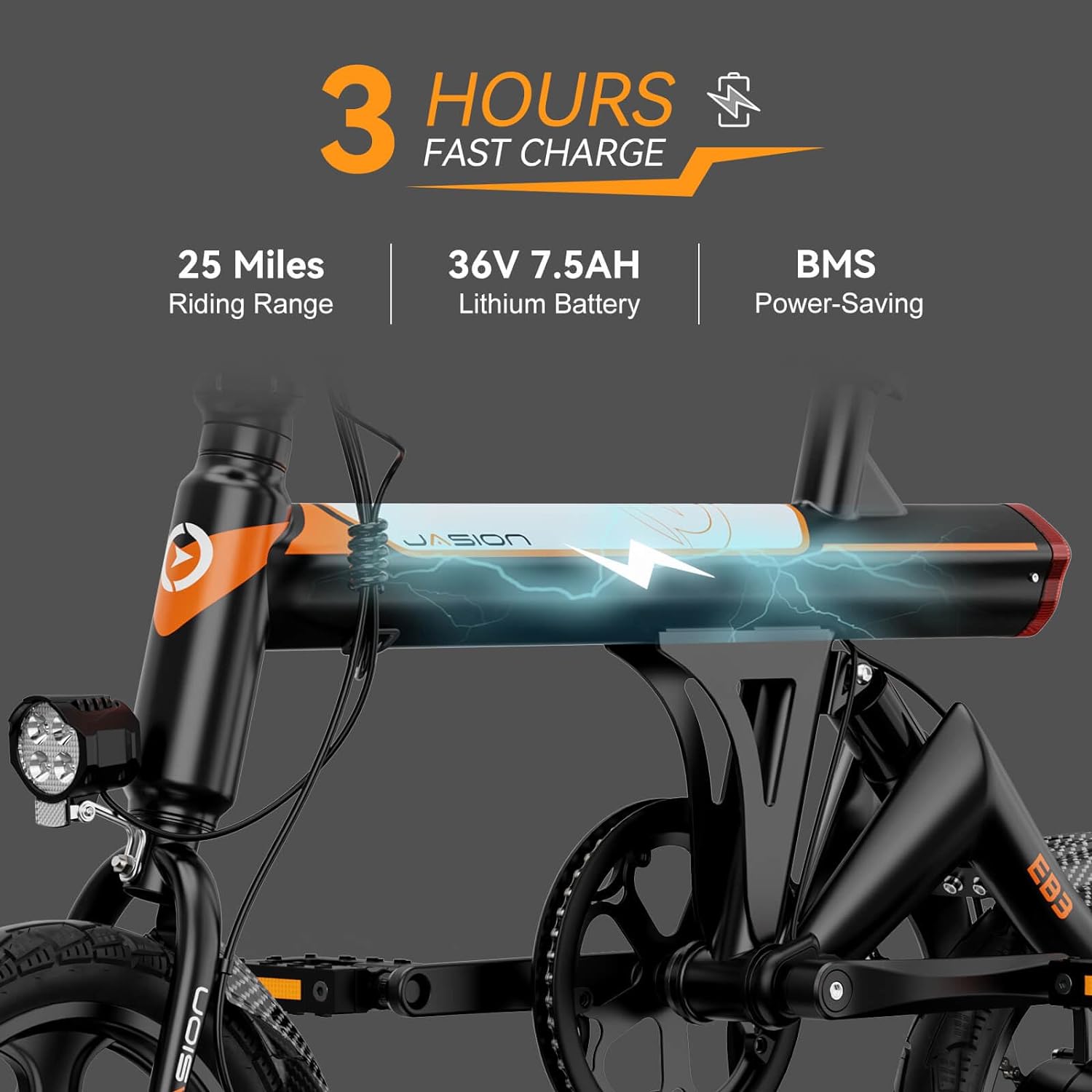 Jasion EB3 Bicicleta Eléctrica para Adultos – 21 mph, Motor Pico de 500W, Batería de 270Wh, Suspensión Trasera, 3 Niveles de Asistencia, Ebike Plegable de 14″ para Adultos y Adolescentes – Cumple con UL2849
